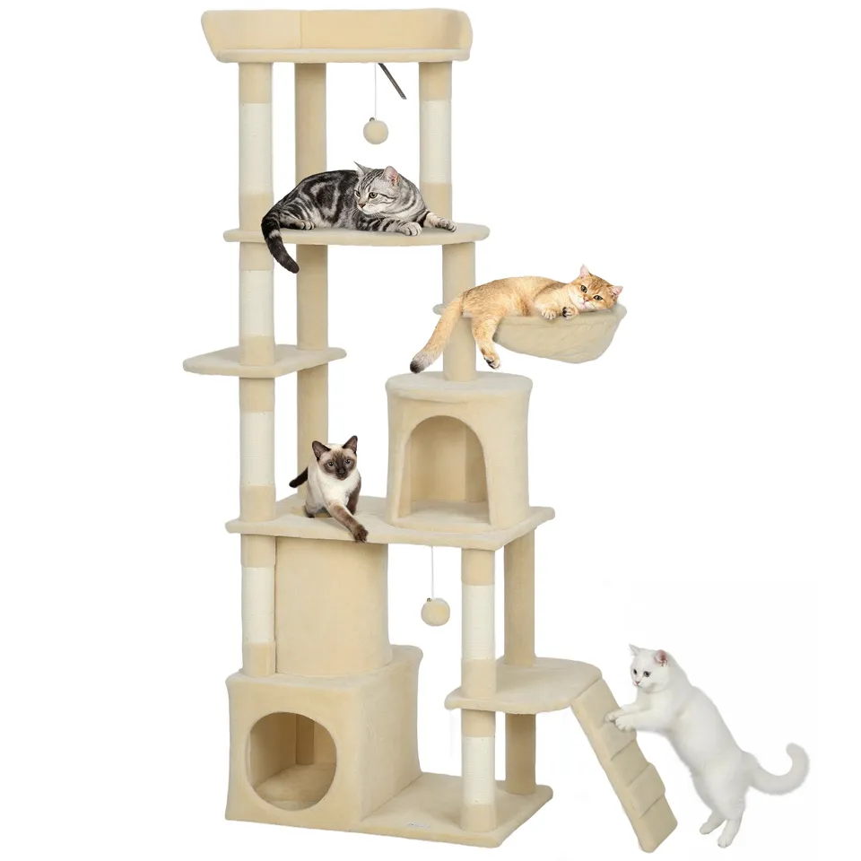 pawhut-grand-arbre-chat-170-cm-7-griffoirs-2-niches-hamac-beige image 1
