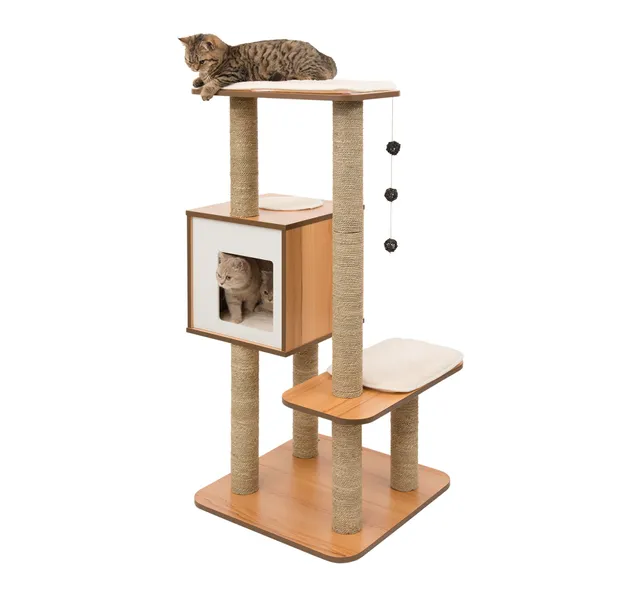 vesper-high-base-52045-arbre-chat-haut-en-noyer-avec-poteaux-sisal-et-cube-douil image 1