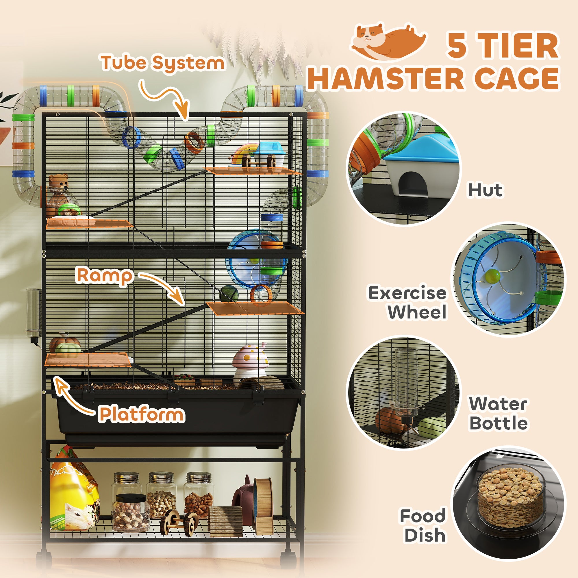 pawhut-cage-hamster-gerbille-5-niveaux-color-e-avec-rangement-et-roulettes image 7