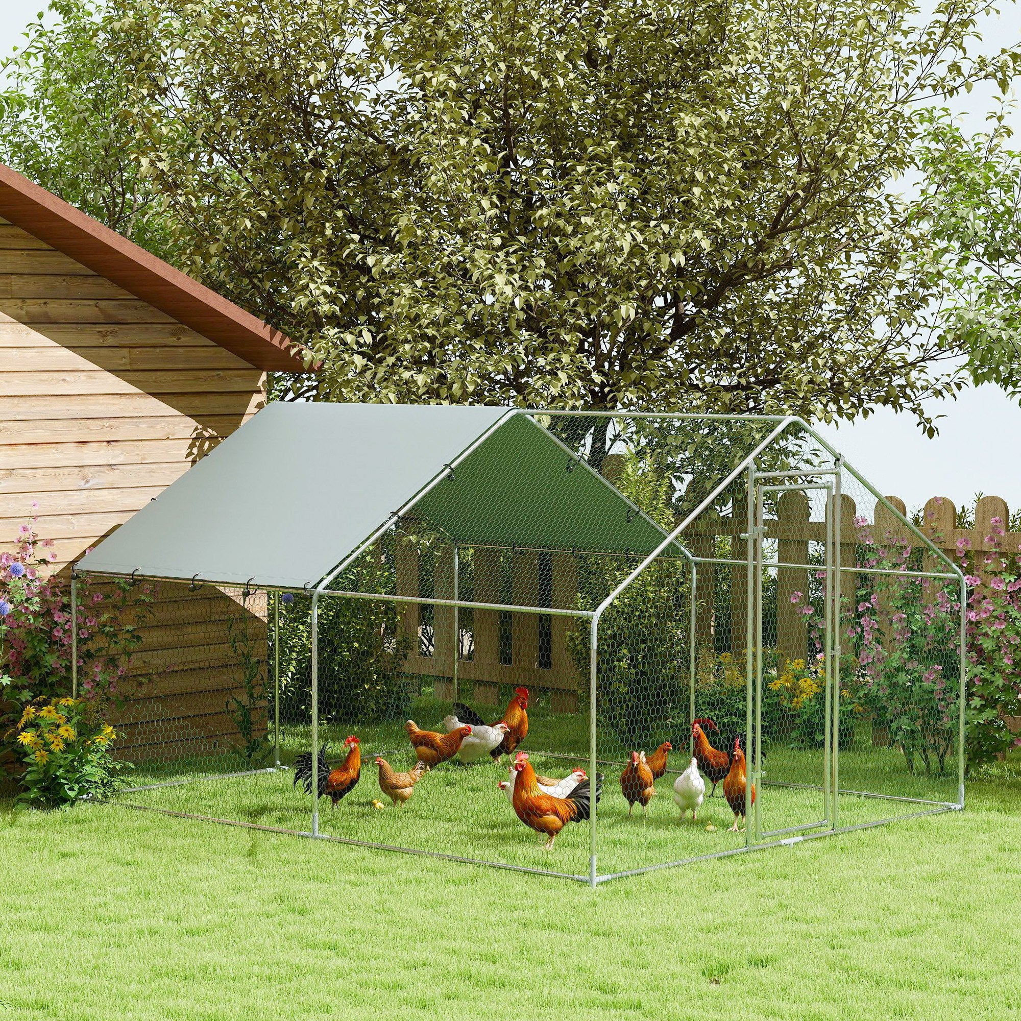 pawhut-enclos-ext-rieur-pour-poules-3-x-3-4-m-m-tal-avec-b-che-uv-argent image 3