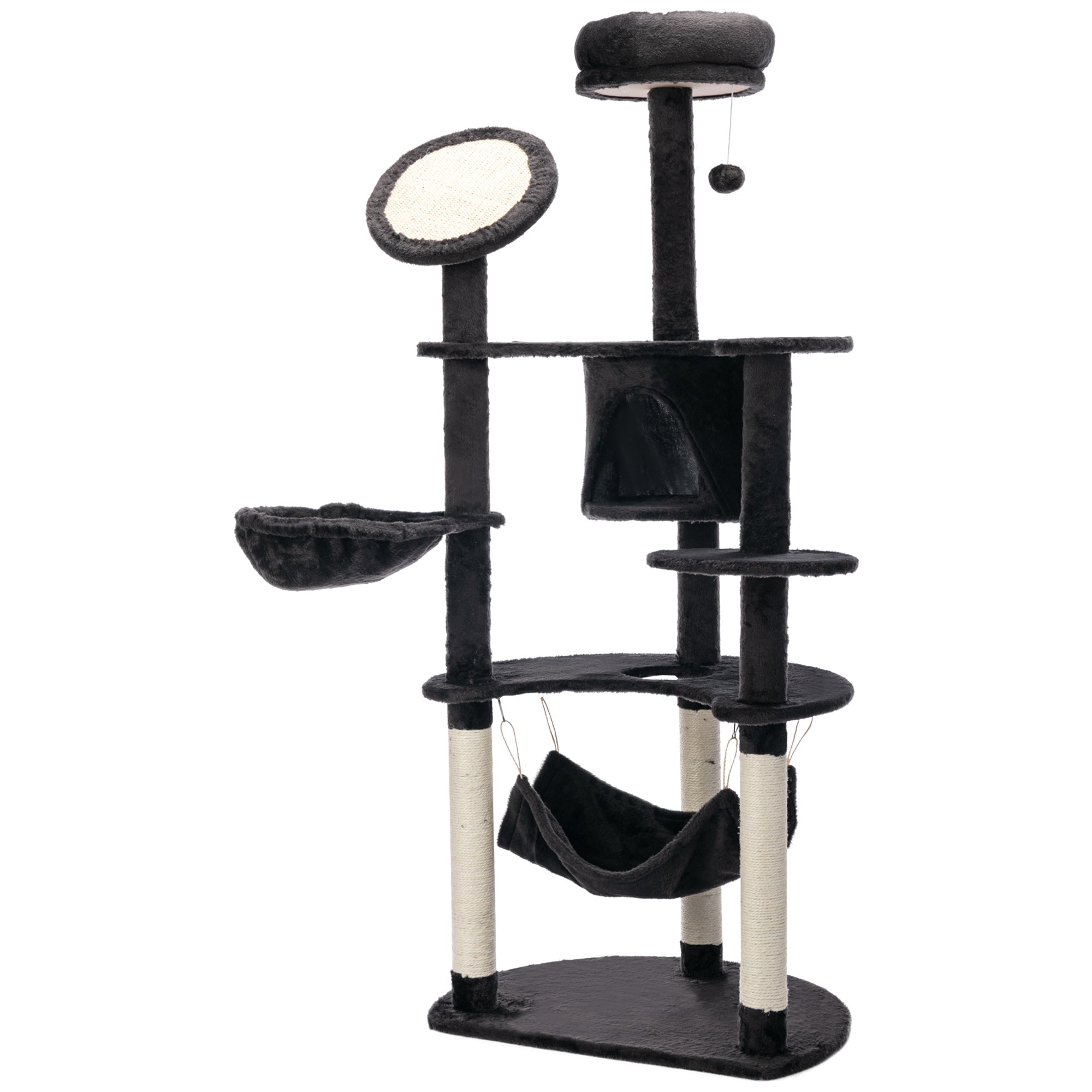 pawhut-arbre-chat-150-cm-avec-niche-2-hamacs-et-griffoirs-gris-fonc image 2