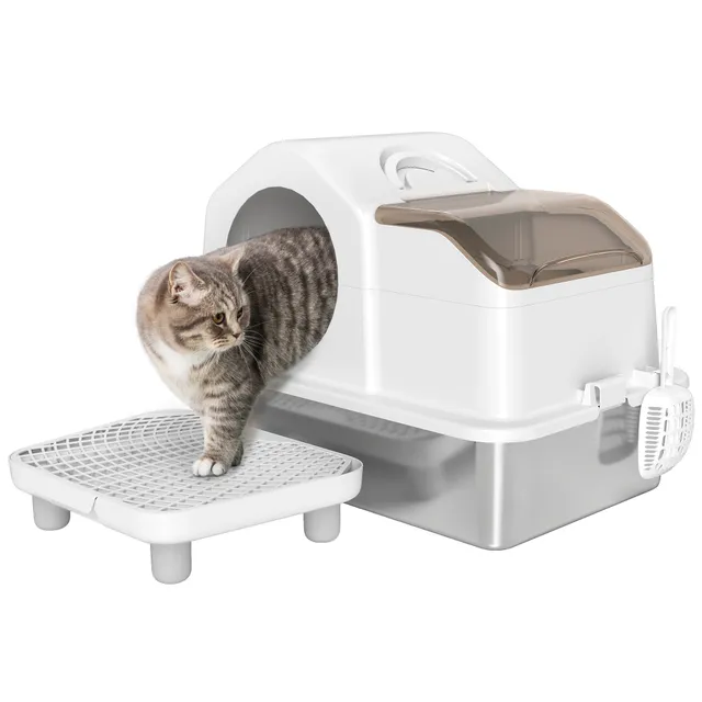 pawhut-bac-liti-re-inox-avec-couvercle-amovible-tapis-et-pelle-blanc image 1