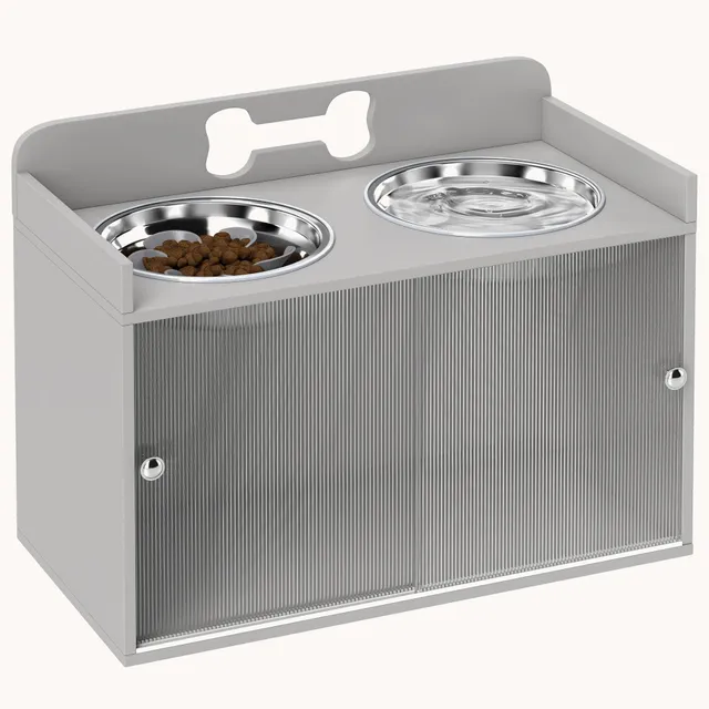 pawhut-station-d-alimentation-sur-lev-e-pour-grands-chiens-avec-rangement-gris image 1