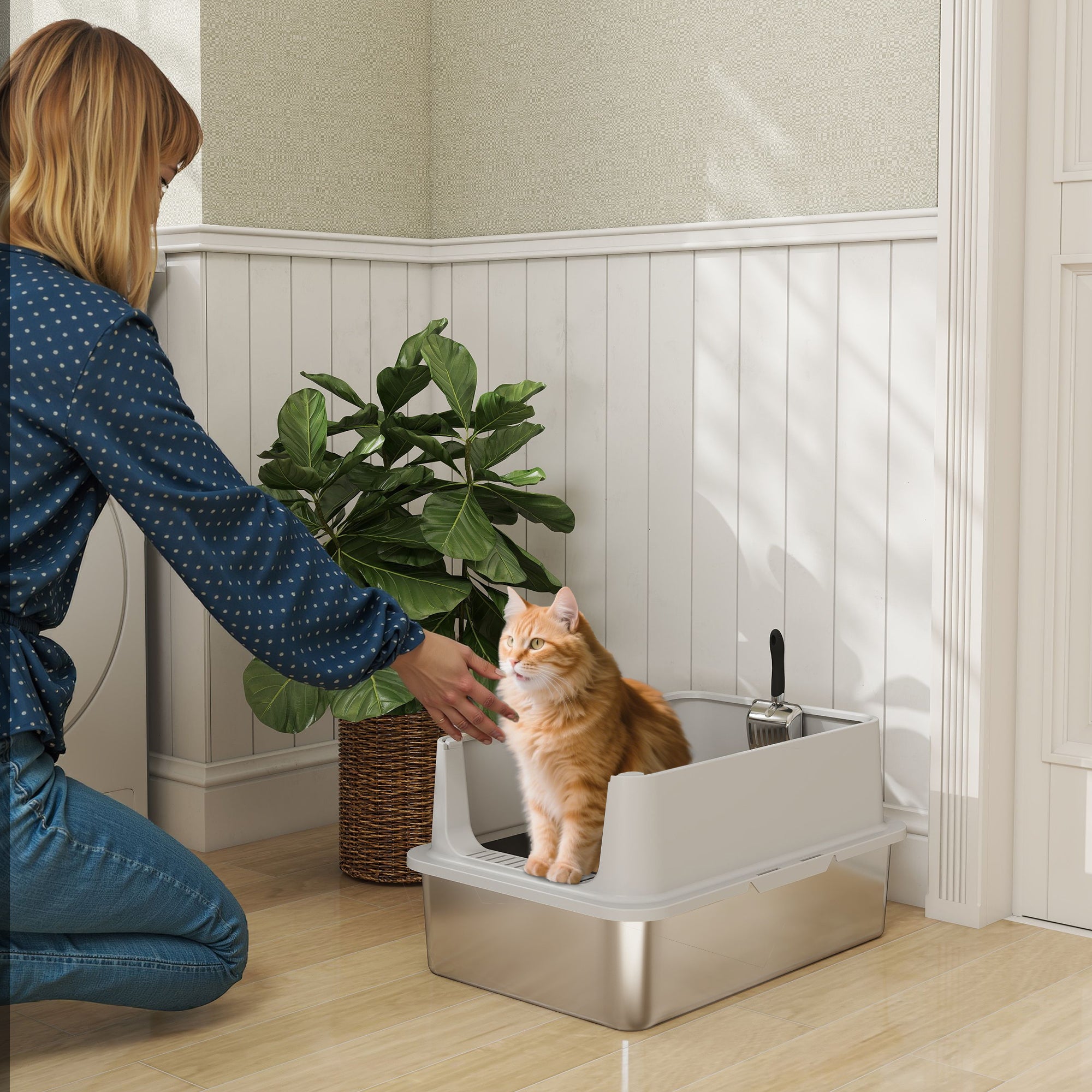 pawhut-bac-liti-re-chat-xl-inox-avec-pelle-et-marche-avant-gris image 3