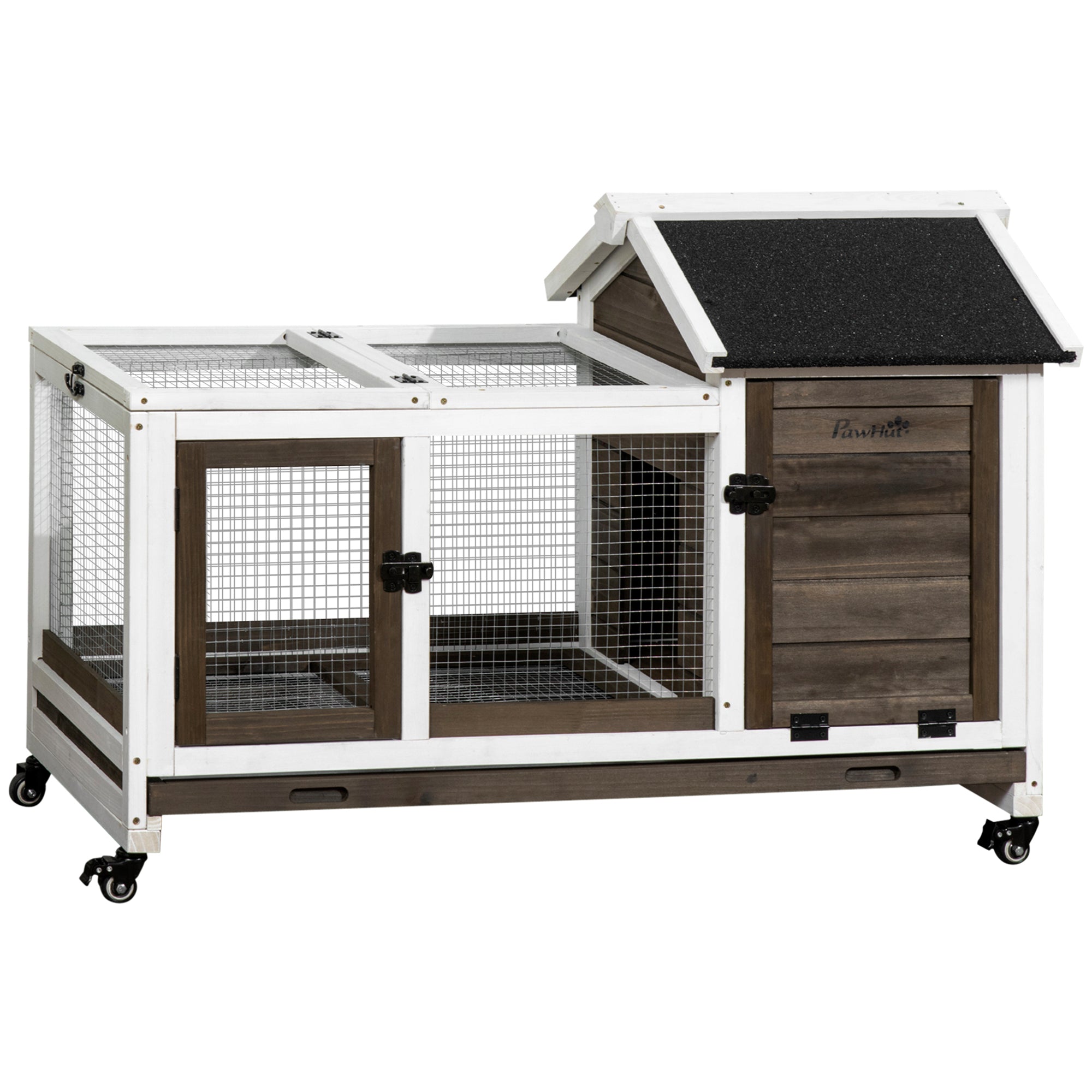 pawhut-clapier-lapin-sur-roulettes-avec-enclos-et-tiroir-108-x-58-x-73-5-cm-marr image 1