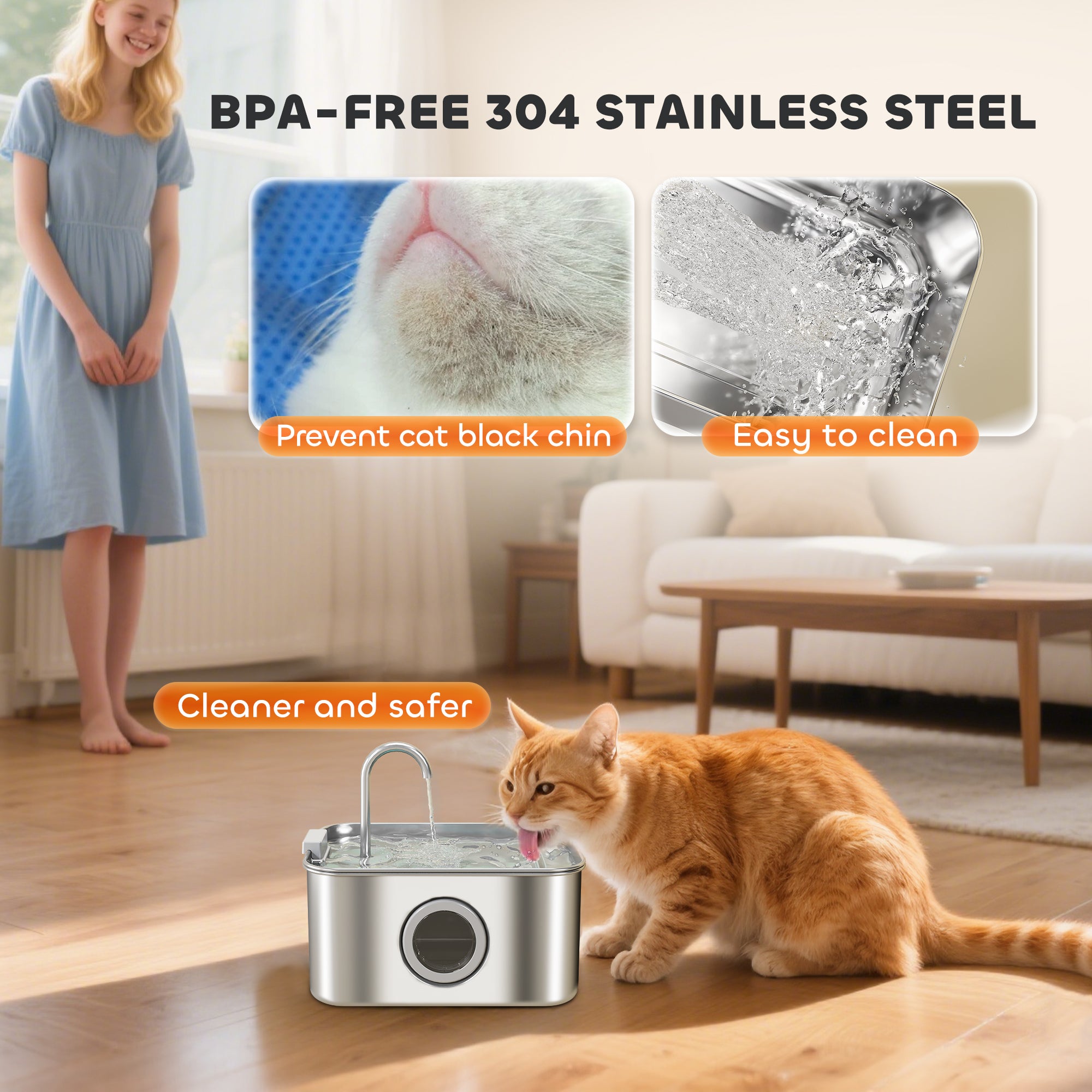 pawhut-fontaine-eau-chat-inox-3-2-l-avec-niveau-visible-et-pompe-silencieuse image 6