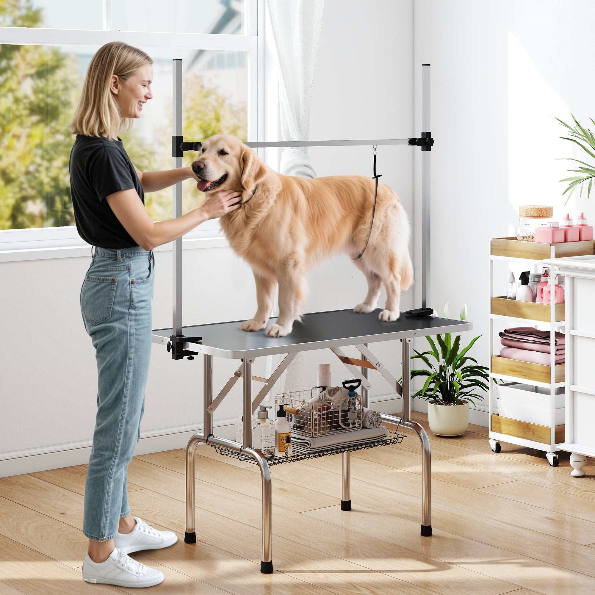 pawhut-table-de-toilettage-pliante-pour-chien-109-cm-avec-bras-20-81-cm-et-2-lon image 3