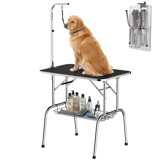 pawhut-table-de-toilettage-pliable-36-avec-bras-r-glable-noire image 1