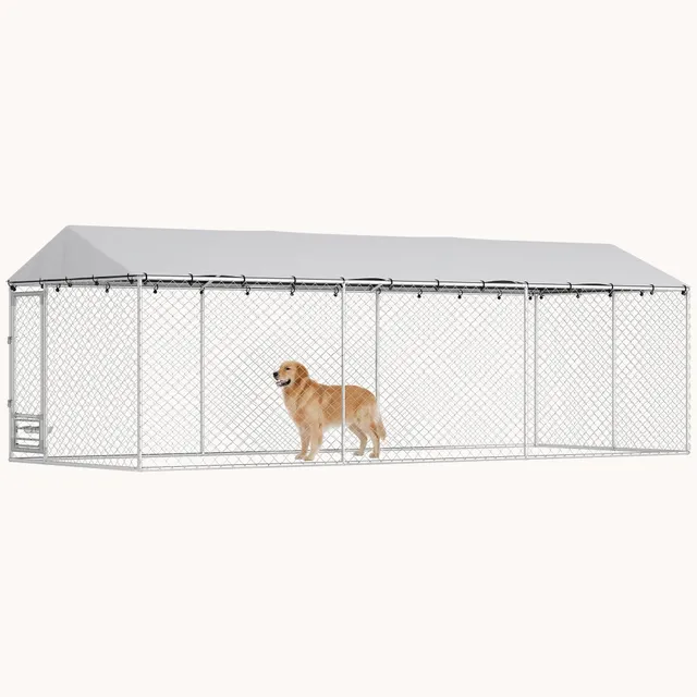 pawhut-chenil-ext-rieur-20-x-7-5-avec-toit-gamelles-et-double-verrou-argent image 1