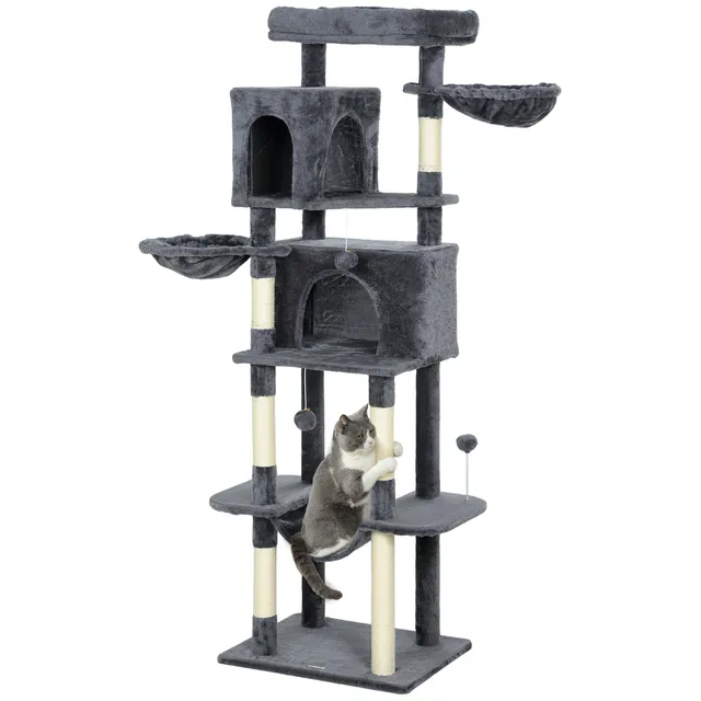 pawhut-arbre-chat-175-cm-type-tour-avec-2-niches-3-hamacs-et-perchoirs-gris-fonc image 1