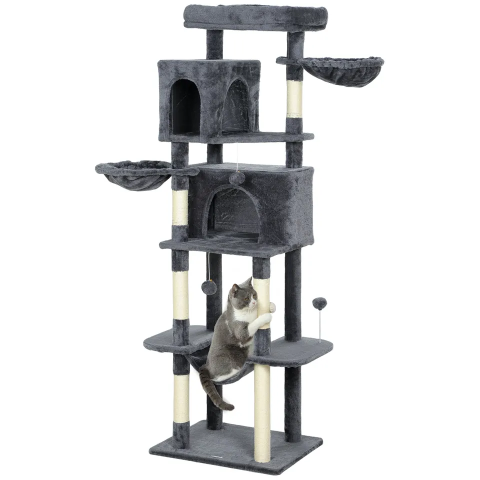 pawhut-arbre-chat-175-cm-type-tour-avec-2-niches-3-hamacs-et-perchoirs-gris-fonc image 1
