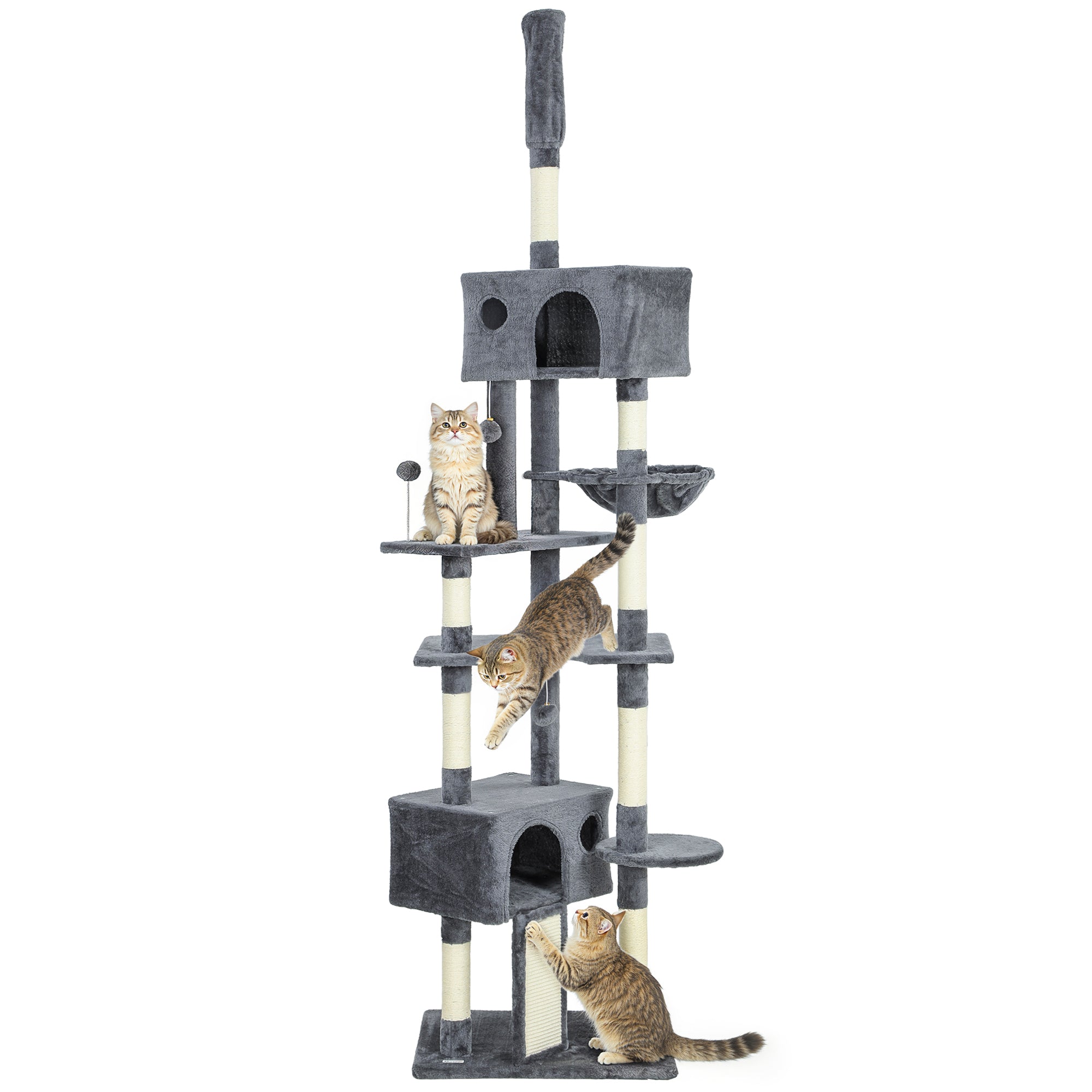 pawhut-arbre-chat-du-sol-au-plafond-230-250-cm-avec-2-niches-et-hamac-gris-fonc image 1