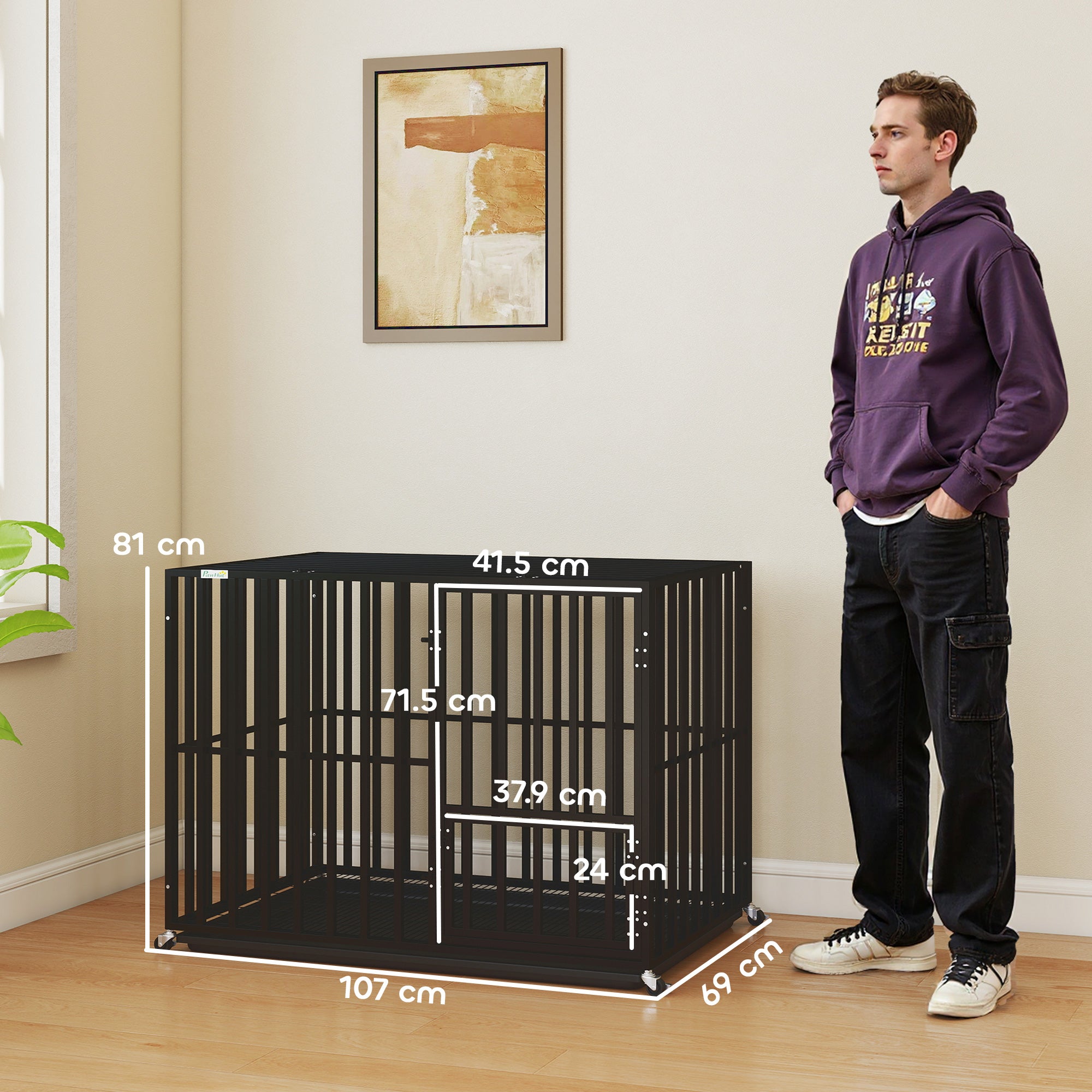 pawhut-cage-chien-robuste-xxl-107-x-69-x-81-cm-avec-roues-noire image 5