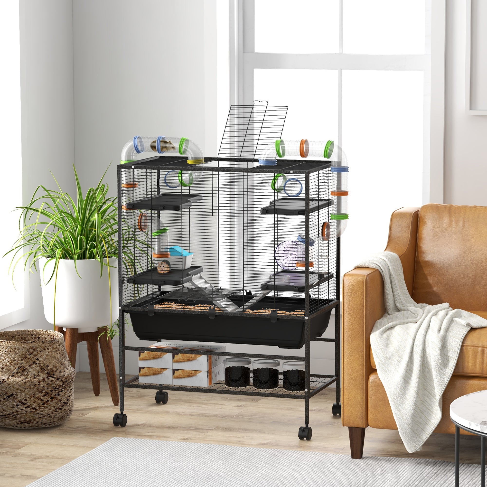 pawhut-grande-cage-hamster-81-cm-avec-tag-re-et-tubes-noire image 4