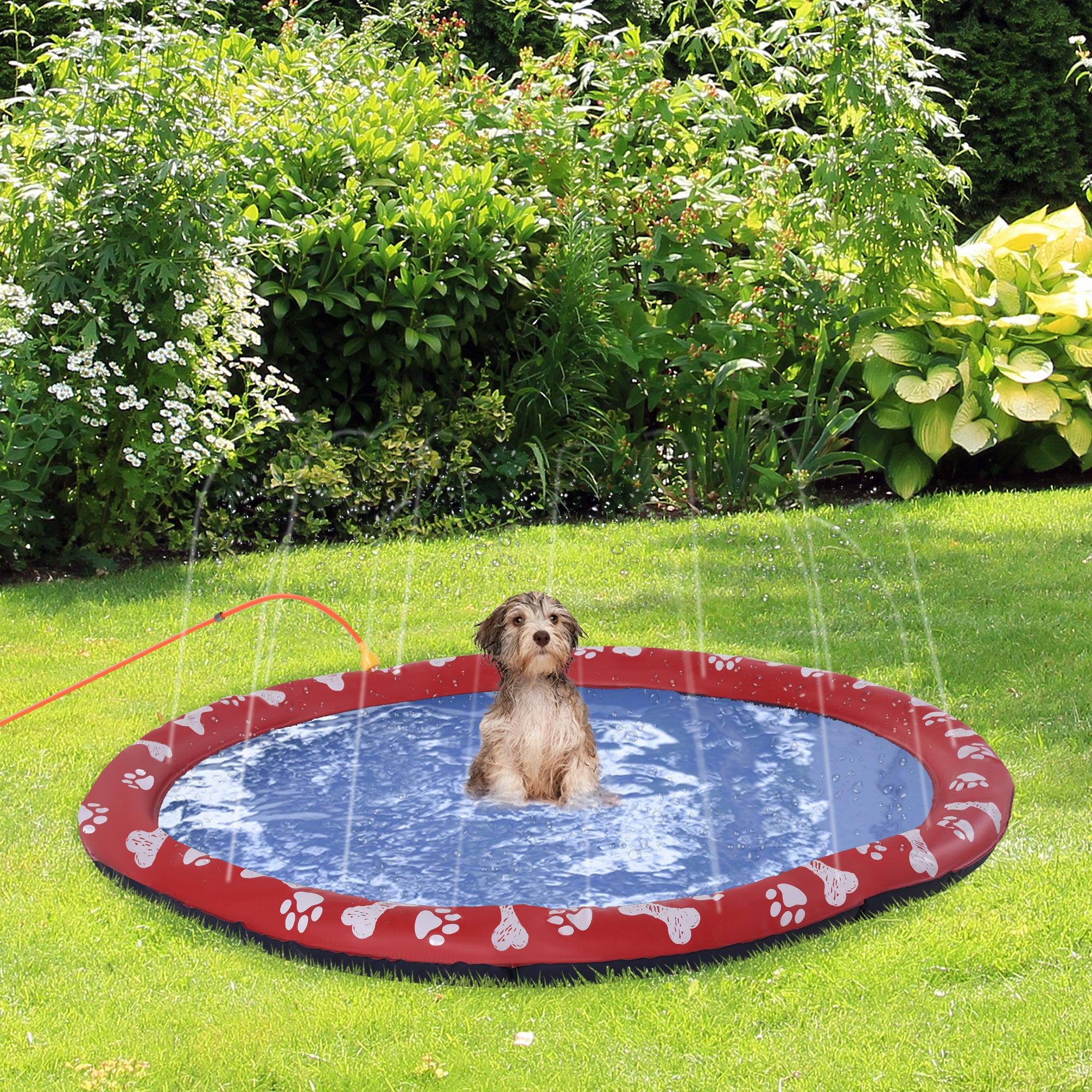 pawhut-tapis-splash-pad-chien-150-cm-rouge-antid-rapant-avec-jet-arroseur-pliabl image 3