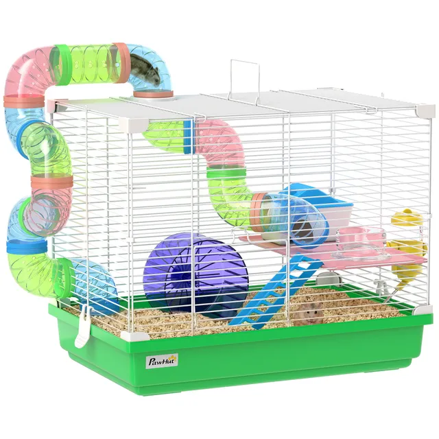 pawhut-cage-hamster-2-tages-avec-roue-tunnel-et-poign-e-verte image 1