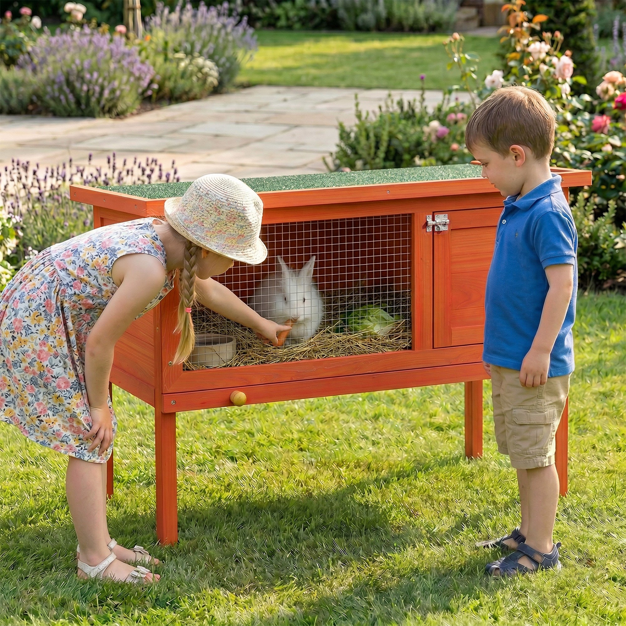 pawhut-cage-en-bois-pour-lapin-avec-toit-ouvrant-et-tiroir-orange image 4