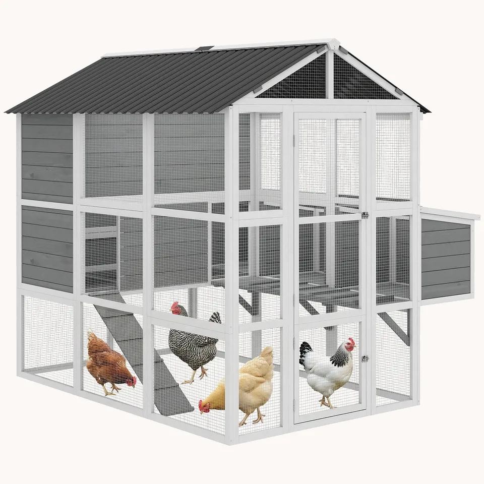 pawhut-poulailler-en-bois-77-avec-parc-pour-6-8-poules-gris image 1