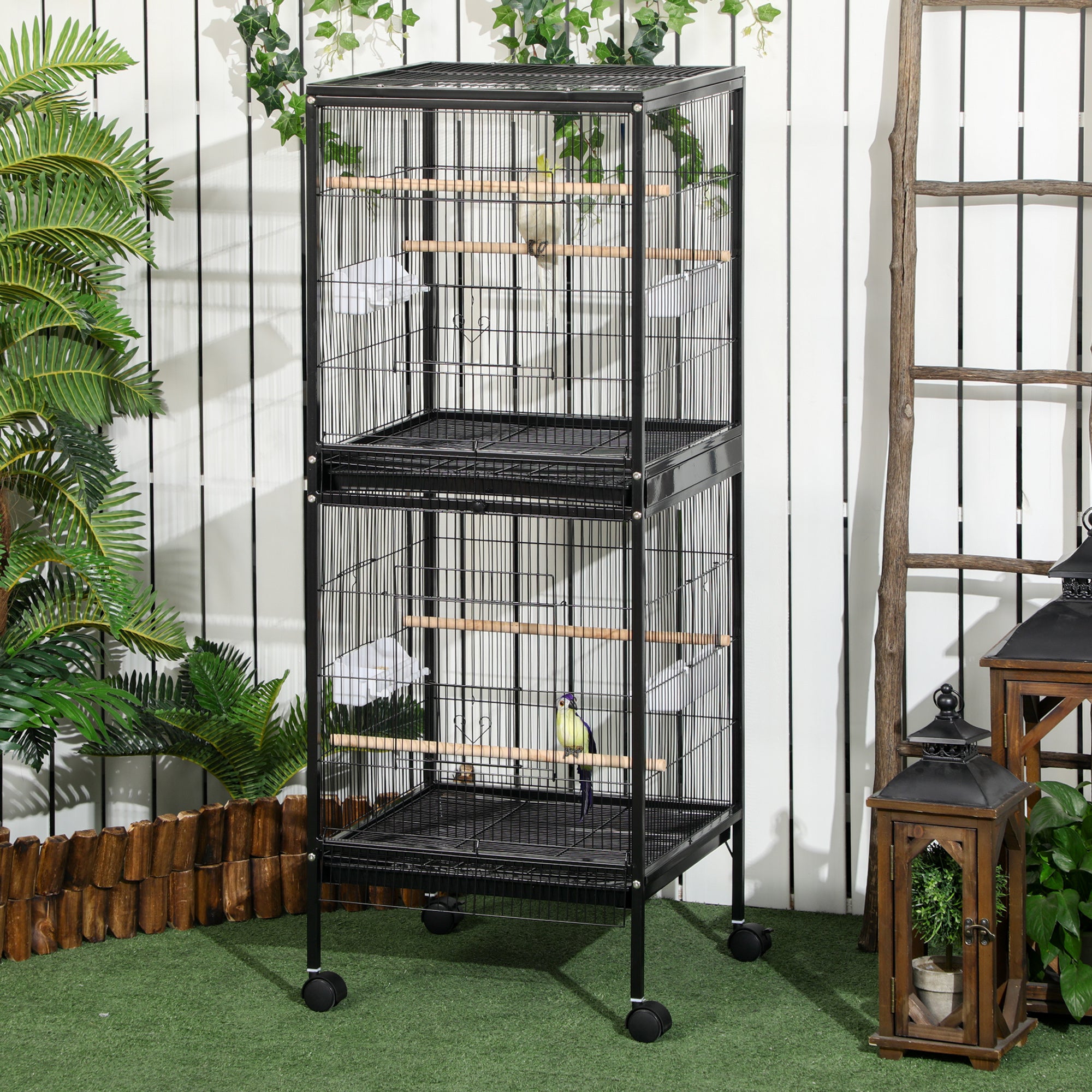 pawhut-cage-oiseaux-2-en-1-convertible-avec-plateaux-faciles-nettoyer-noir image 3