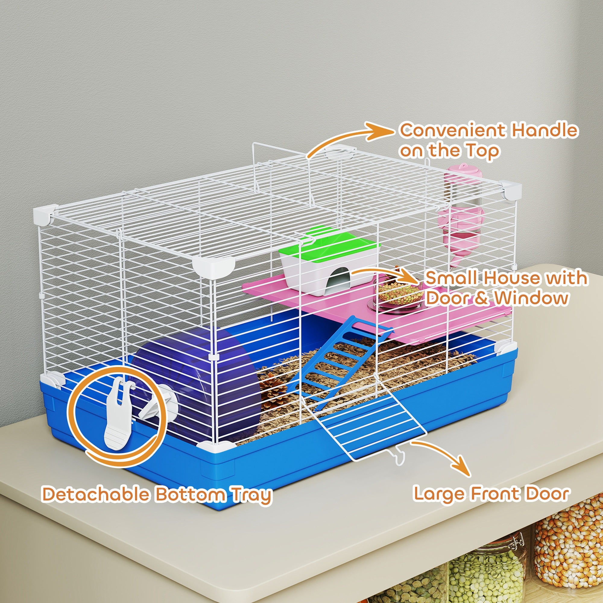 pawhut-cage-hamster-47-cm-2-tages-avec-roue-biberon-et-gamelle-bleu image 7