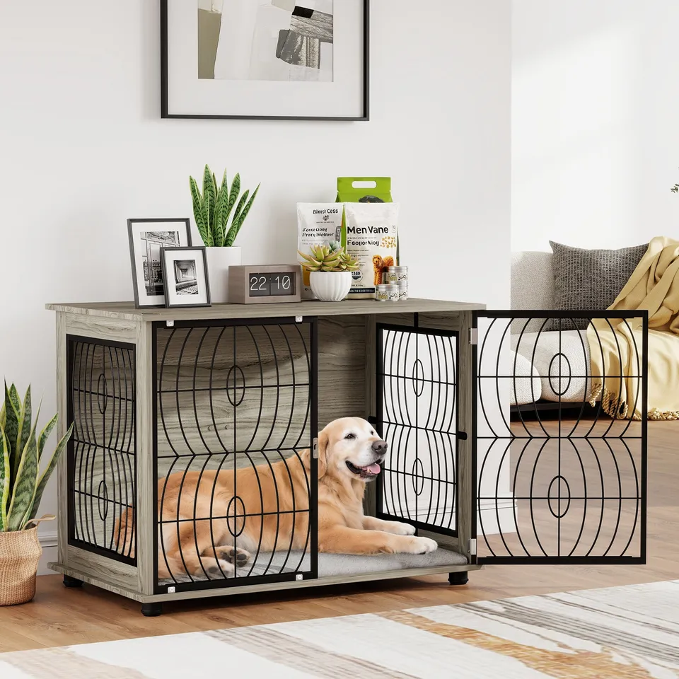 pawhut-niche-caisse-pour-chien-table-d-appoint-100x60x74-cm-avec-coussin-gris image 1