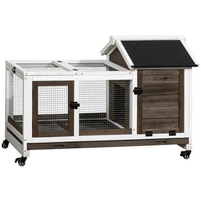 pawhut-clapier-lapin-sur-roulettes-avec-enclos-et-tiroir-108-x-58-x-73-5-cm-marr image 1