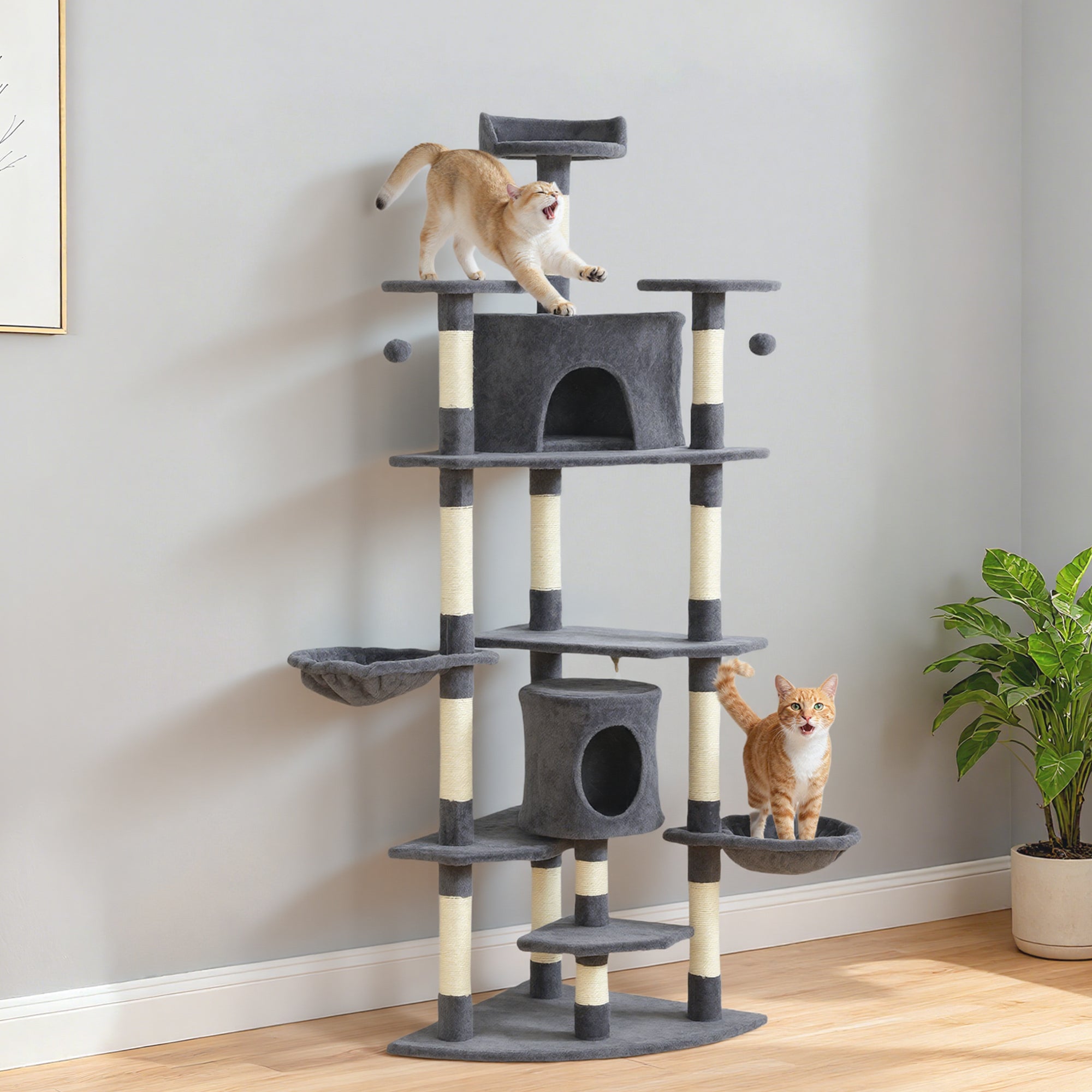 pawhut-arbre-chat-200-cm-avec-niche-2-hamacs-et-griffoirs-gris-fonc image 4
