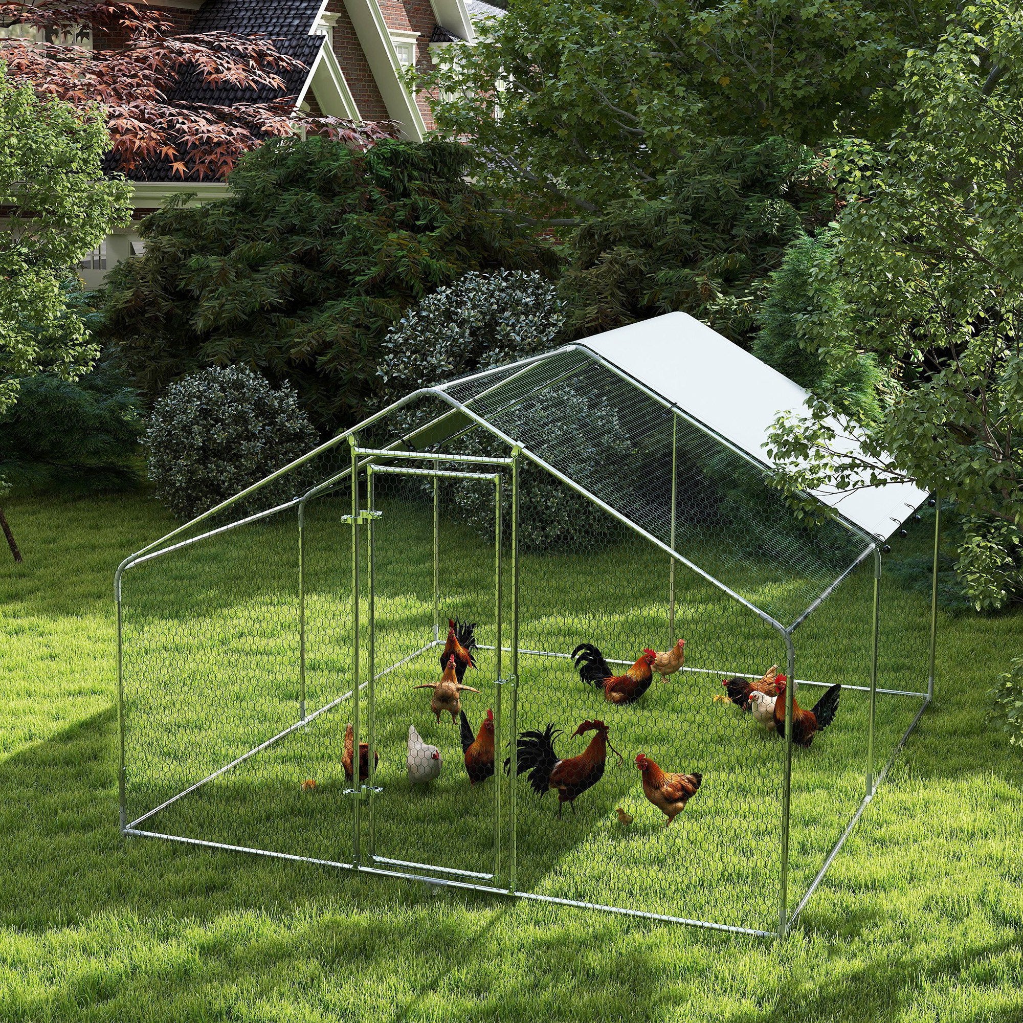 pawhut-enclos-ext-rieur-pour-poules-3-x-3-4-m-m-tal-avec-b-che-uv-argent image 4