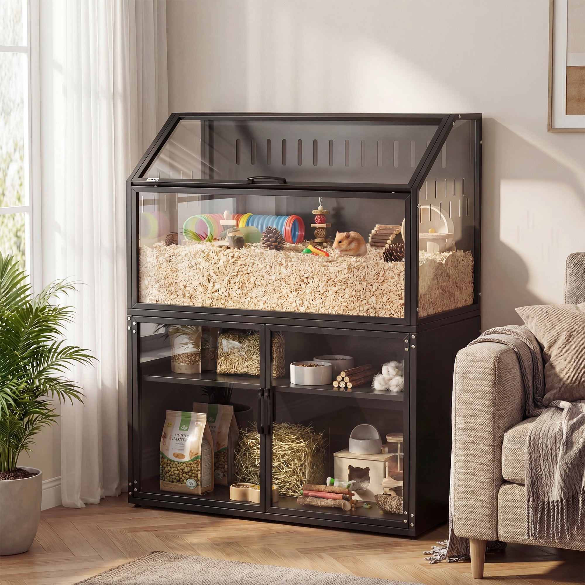 pawhut-cage-hamster-noire-avec-meuble-de-rangement-panneaux-acryliques-et-toit-o image 3
