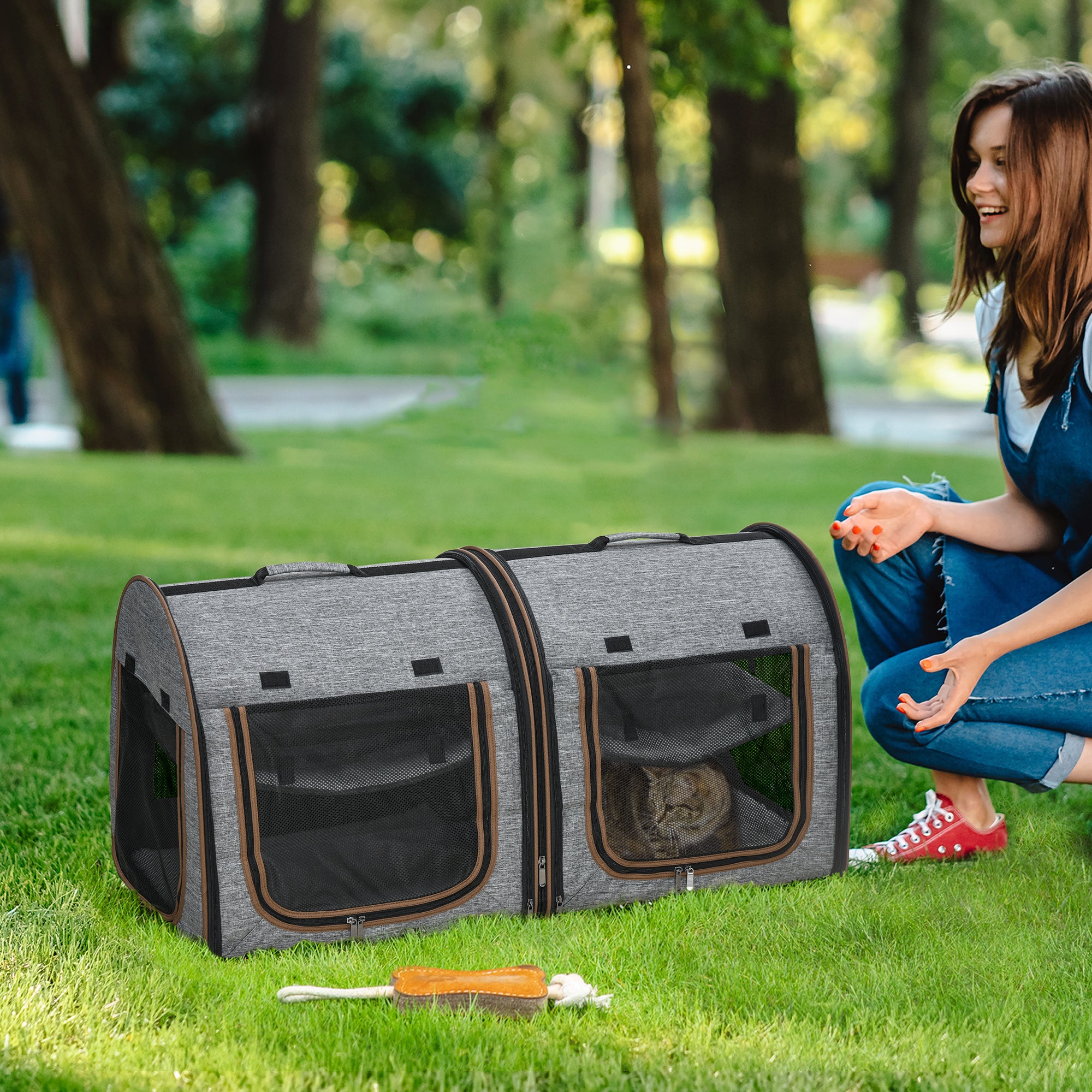 pawhut-sac-de-transport-double-pour-animaux-avec-s-parateur-et-coussins-gris image 4
