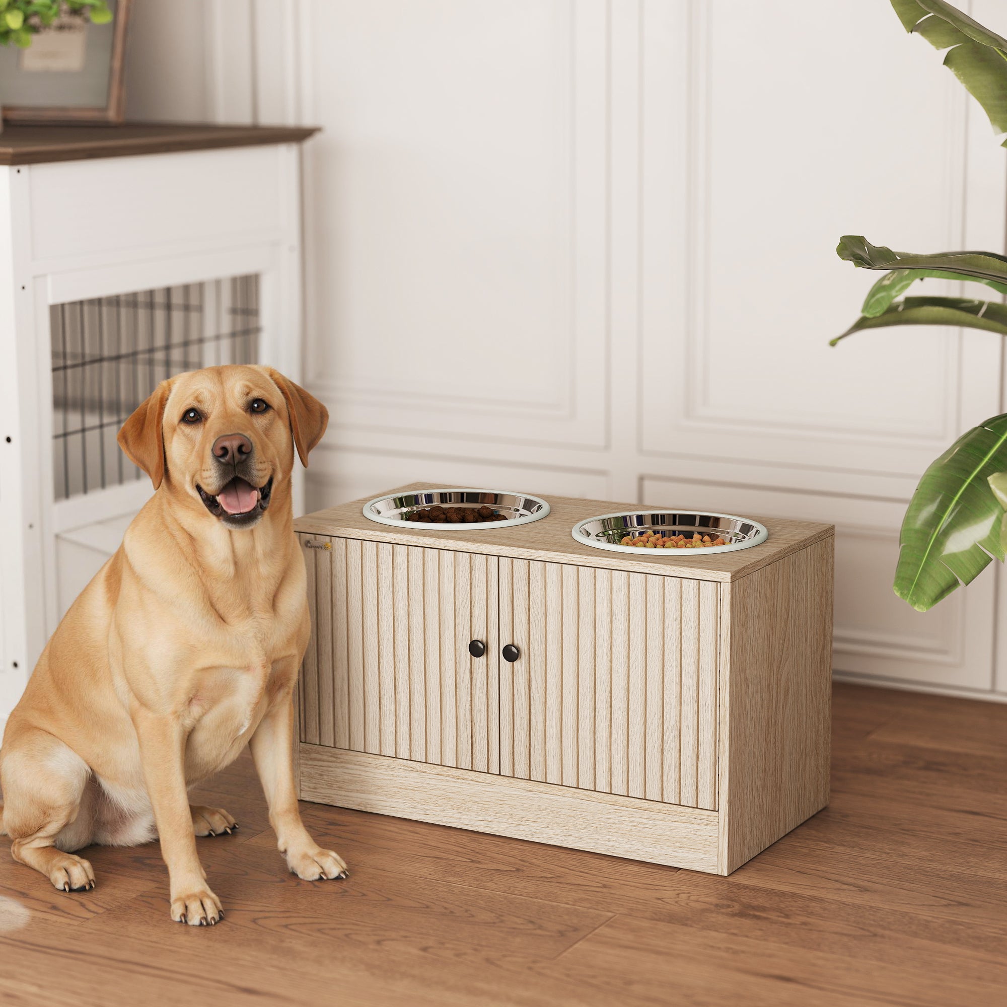 pawhut-gamelles-sur-lev-es-pour-chien-avec-meuble-ch-ne-et-2-bols-inox image 4