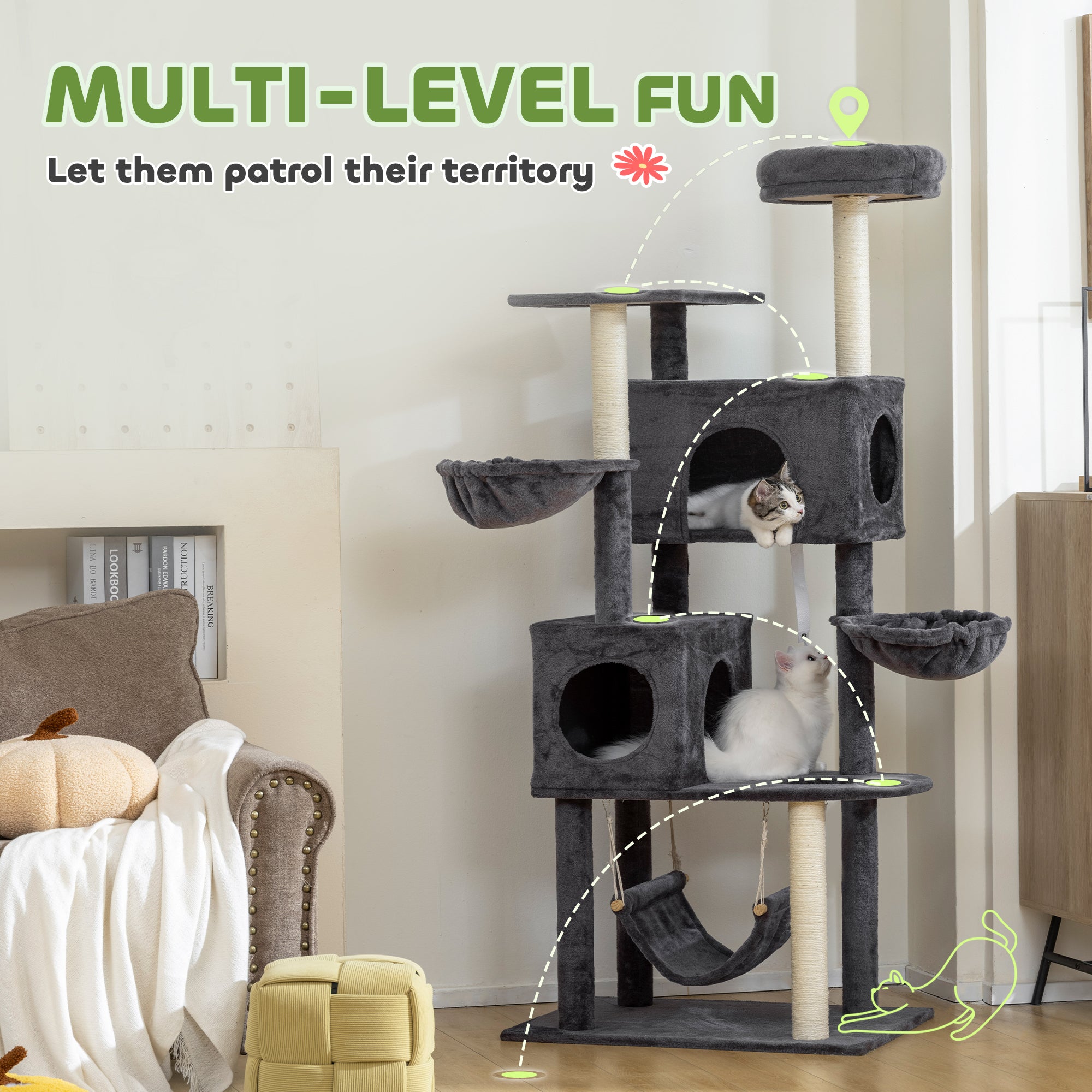 pawhut-arbre-chat-168-cm-2-niches-3-hamacs-avec-nid-sup-rieur-gris-fonc image 6