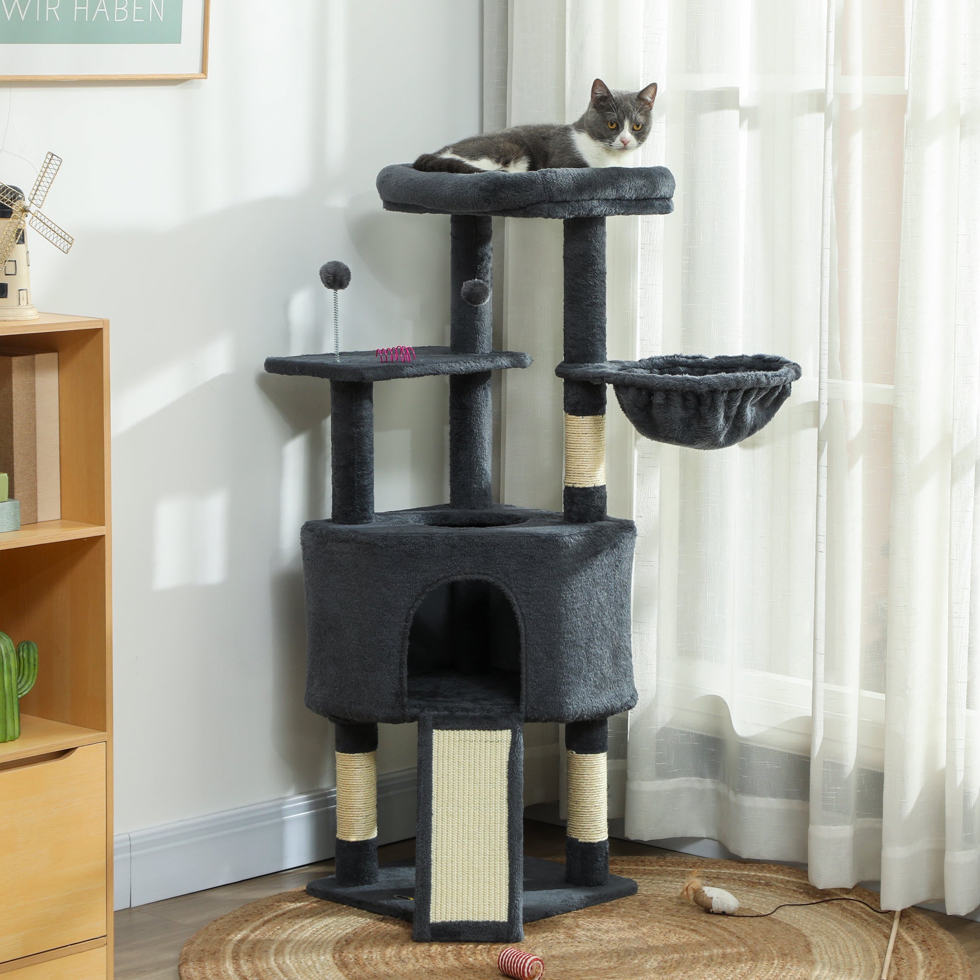 pawhut-arbre-chat-47-pouces-avec-niche-hamac-lit-et-chelle-gris-fonc image 3
