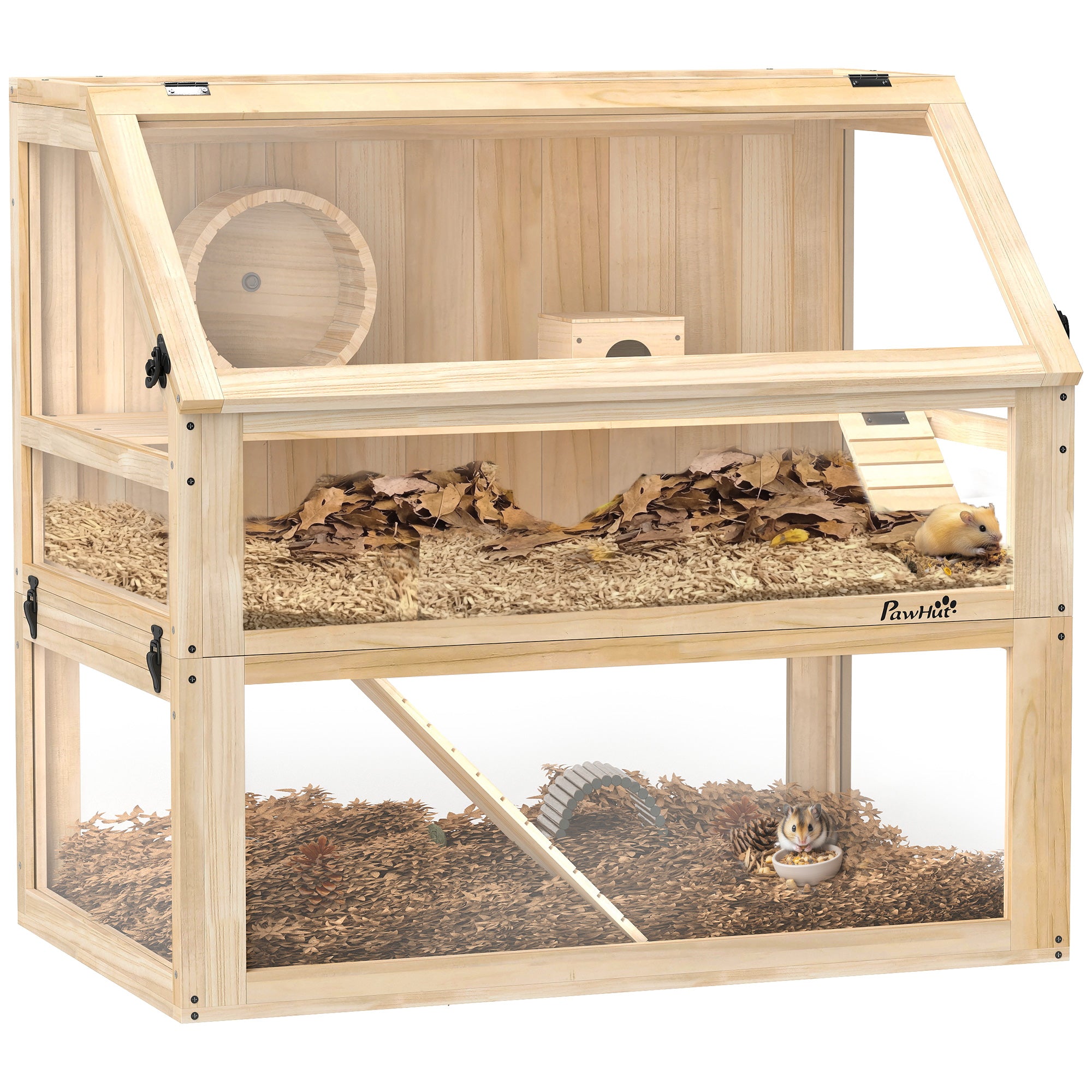 pawhut-cage-hamster-bois-3-tages-avec-roue-cabane-et-rampes-80-x-50-x-76-cm-natu image 1