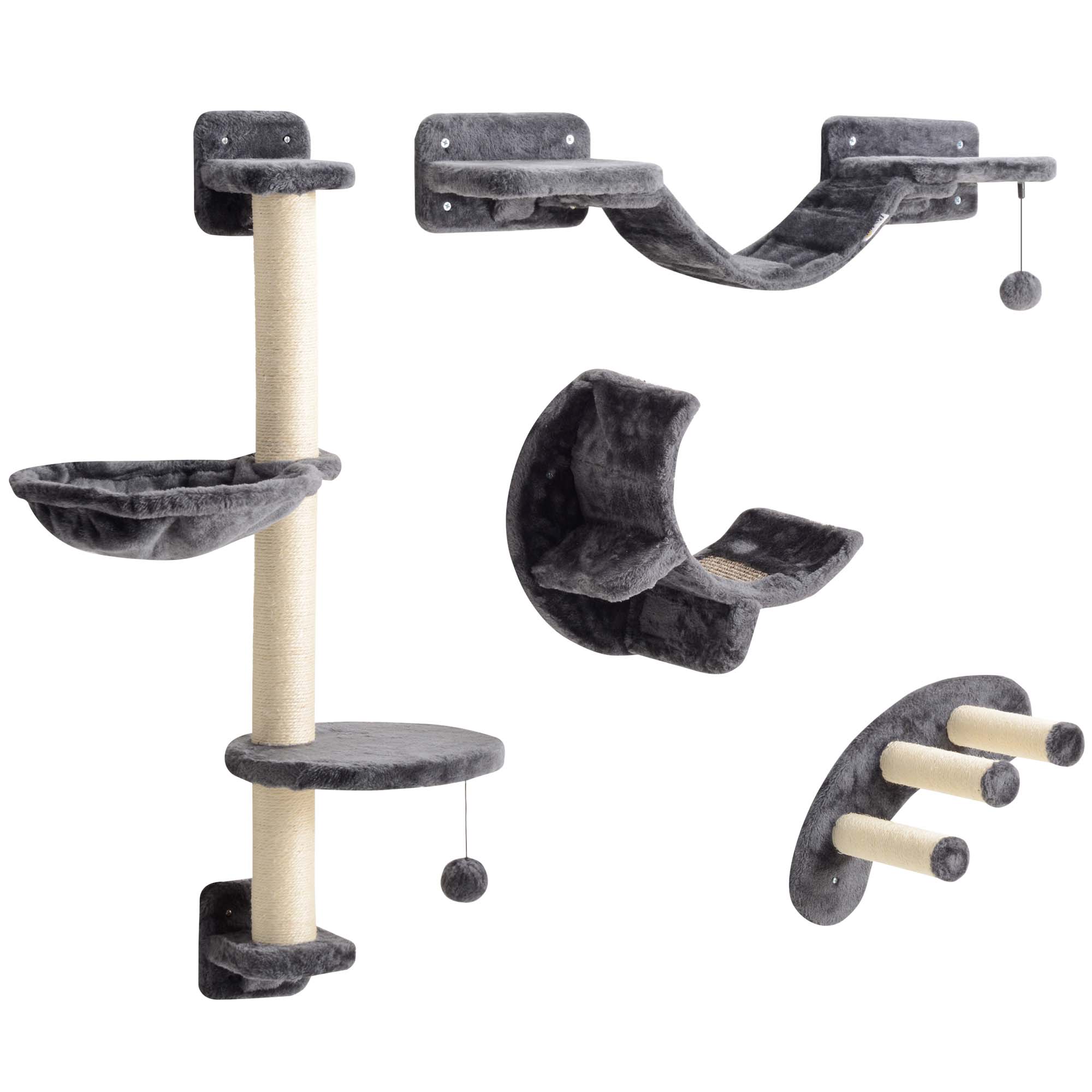 pawhut-mur-d-escalade-chat-4-pi-ces-avec-hamac-et-griffoirs-gris image 2