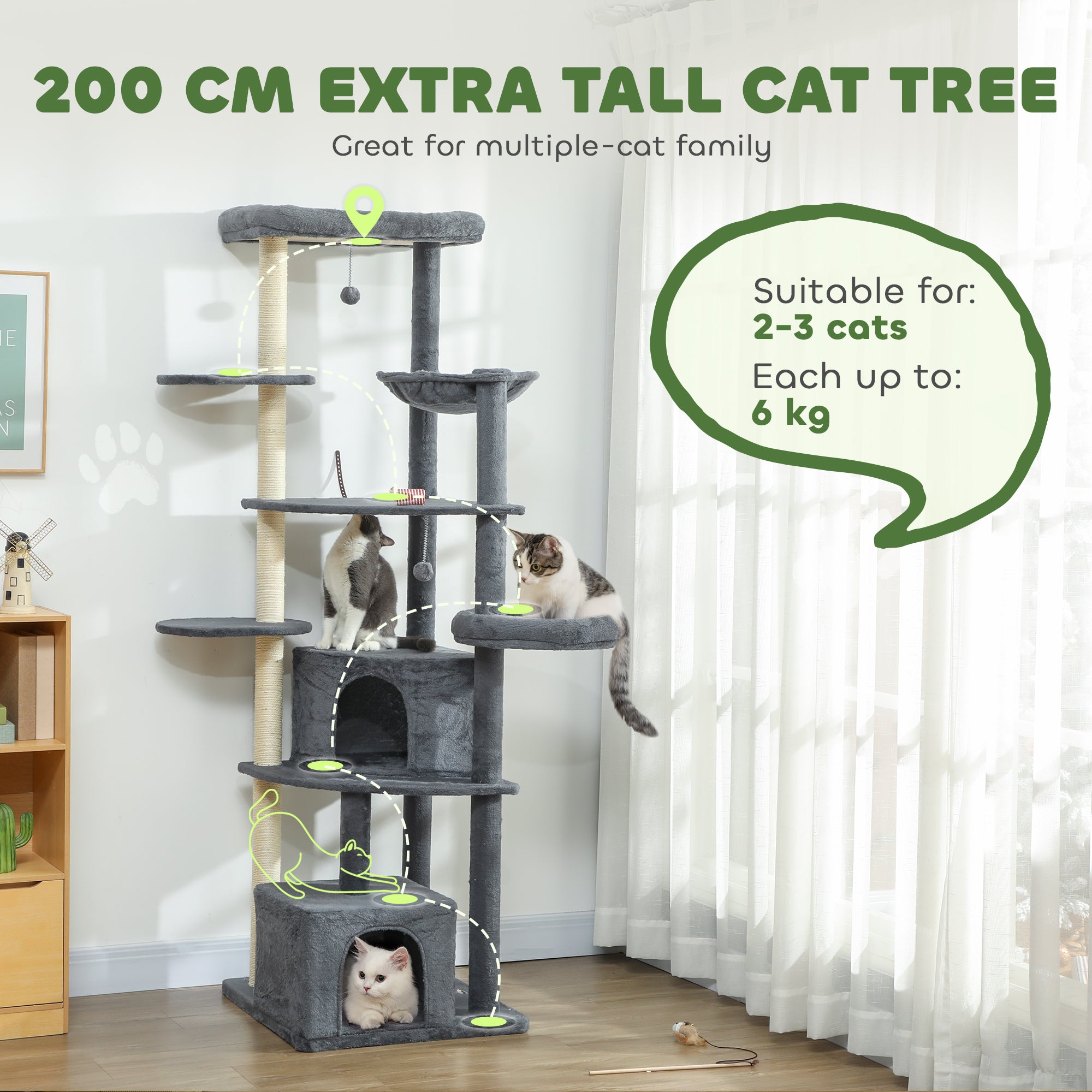 pawhut-arbre-chat-g-ant-79-avec-2-niches-2-perchoirs-et-hamac-gris-fonc image 6