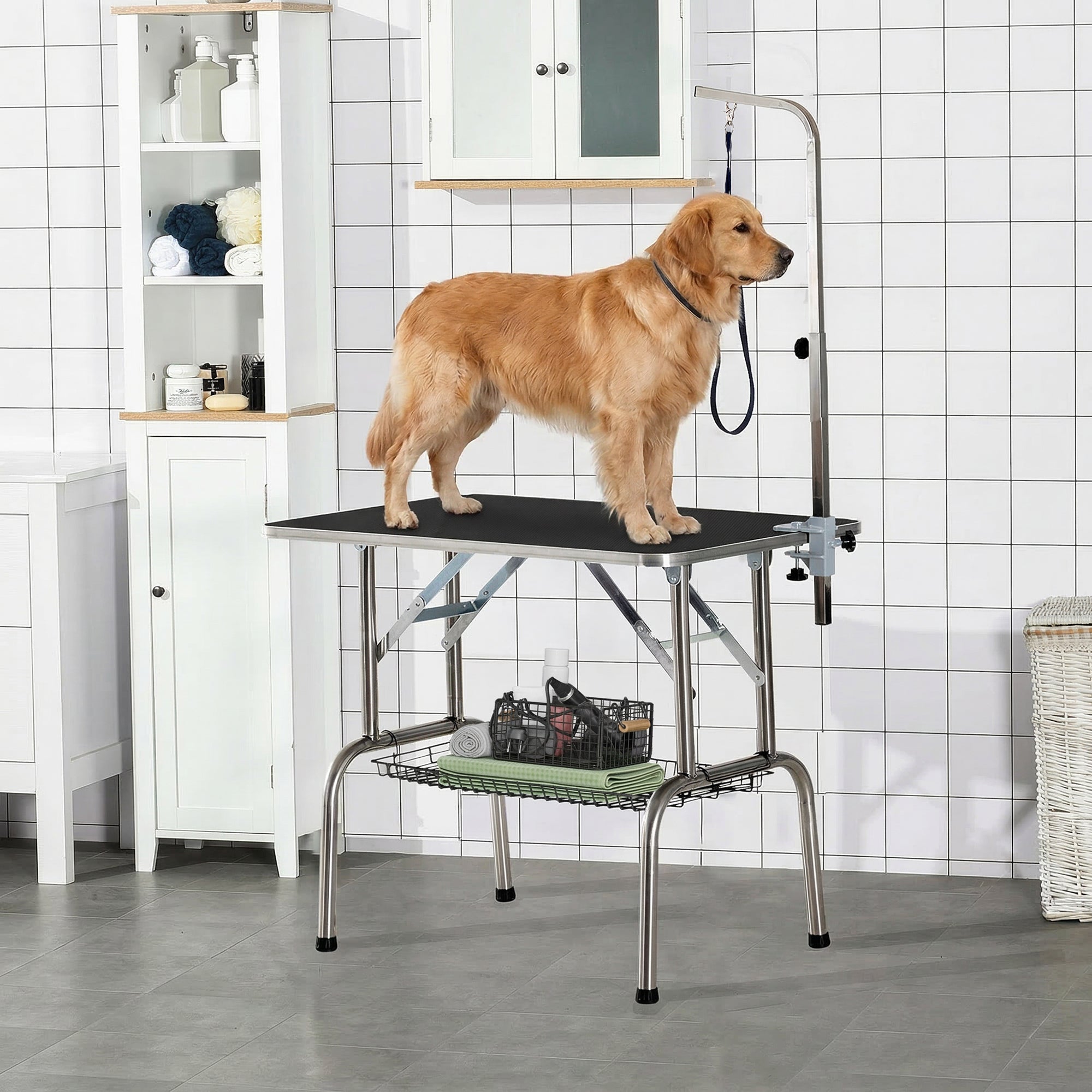 pawhut-table-de-toilettage-pliable-36-avec-bras-r-glable-noire image 3