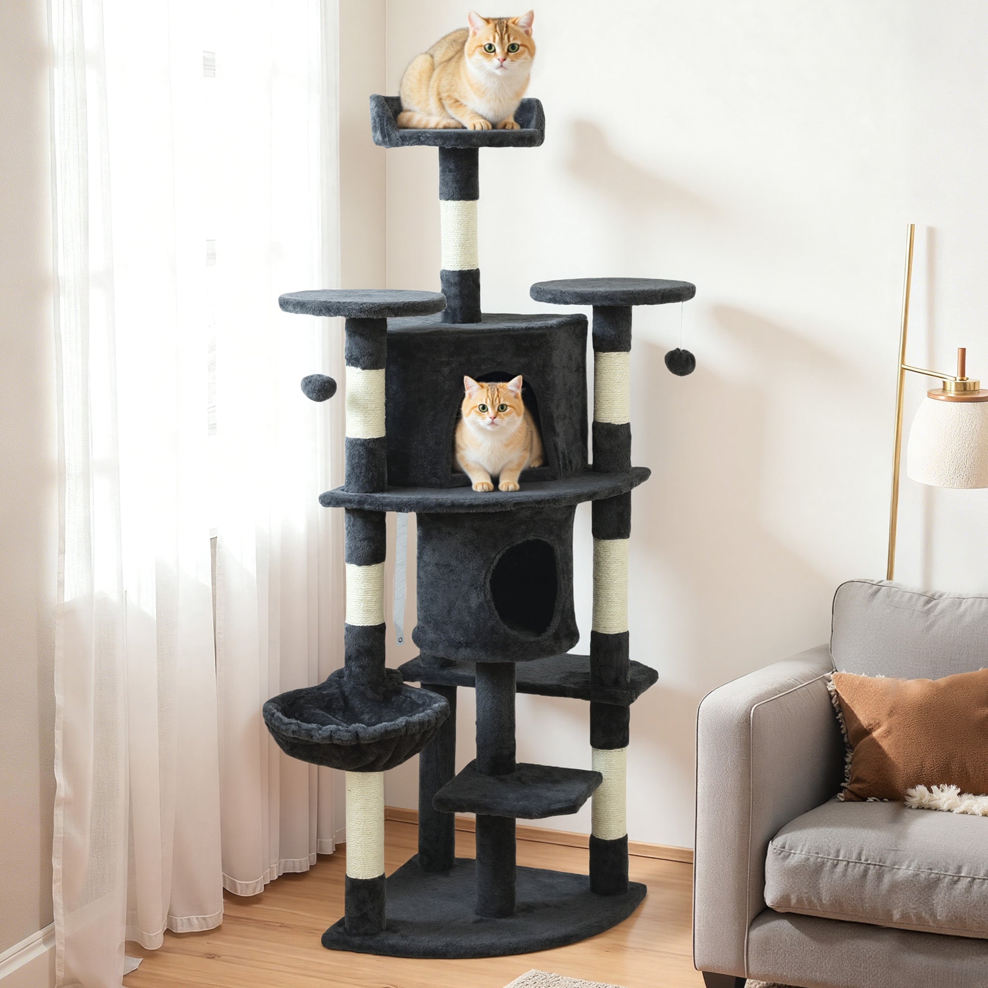 pawhut-arbre-chat-62-pouces-157-cm-avec-2-niches-hamac-et-perchoirs-gris-fonc image 4