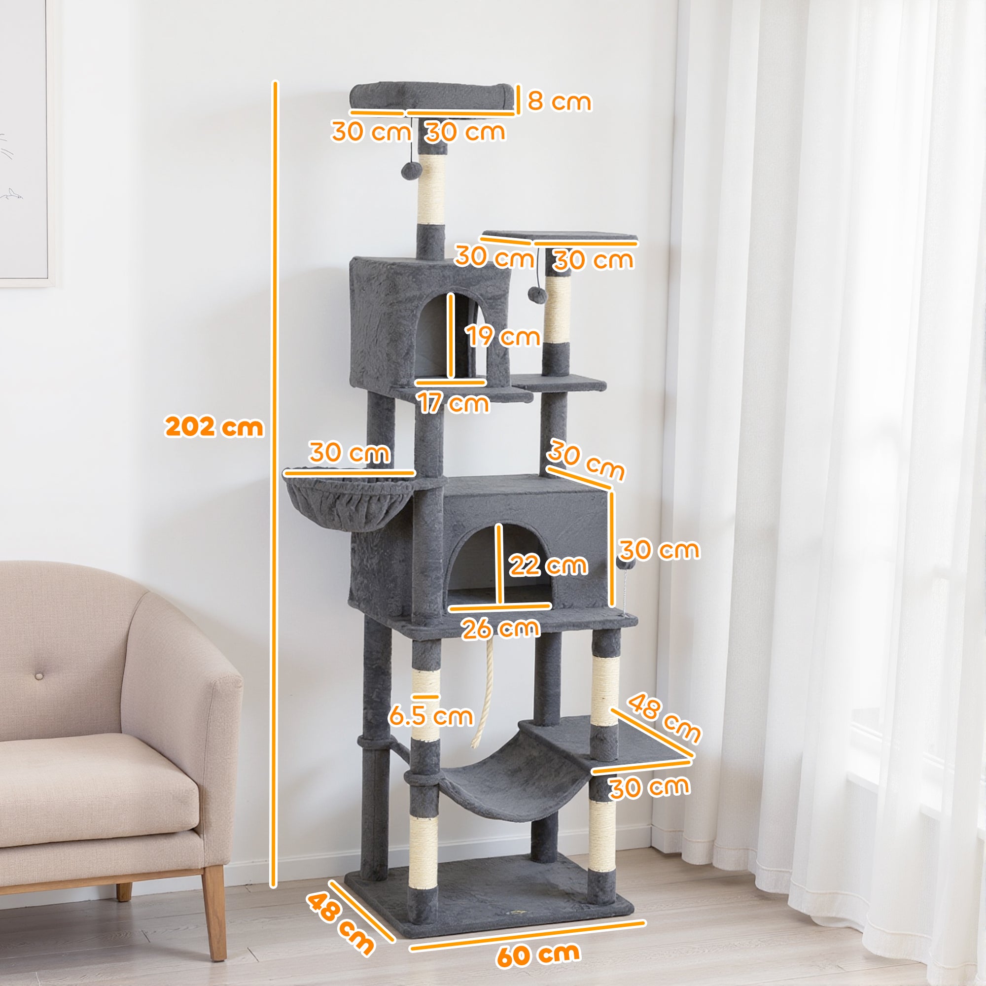 pawhut-arbre-chat-g-ant-202cm-6-griffoirs-2-niches-2-hamacs-gris-fonc image 5