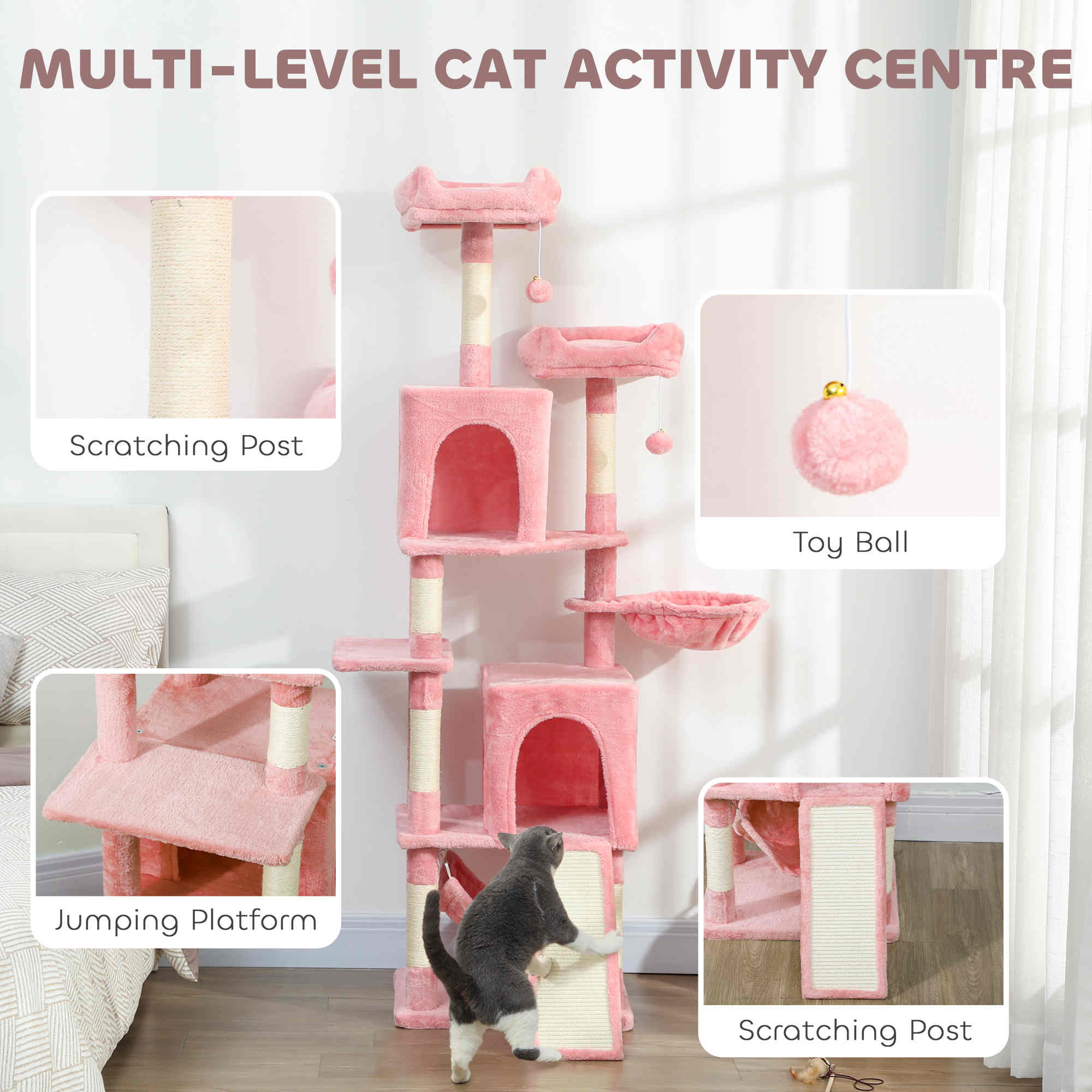 arbre-chat-pawhut-177-cm-avec-2-niches-2-perchoirs-et-hamac-rose image 6