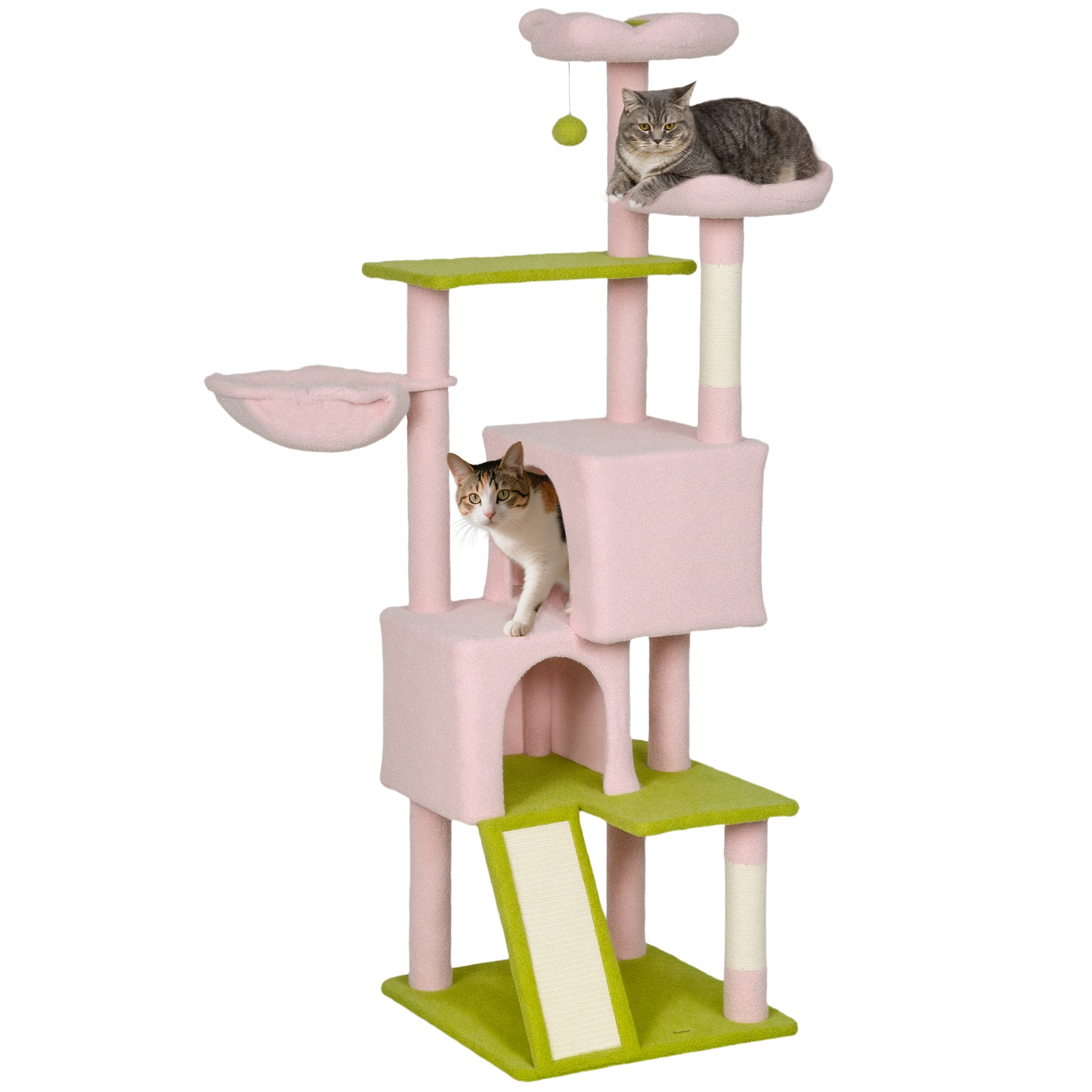 pawhut-arbre-chat-fleur-157-cm-62-2-niches-2-couches-et-hamac-rose image 1