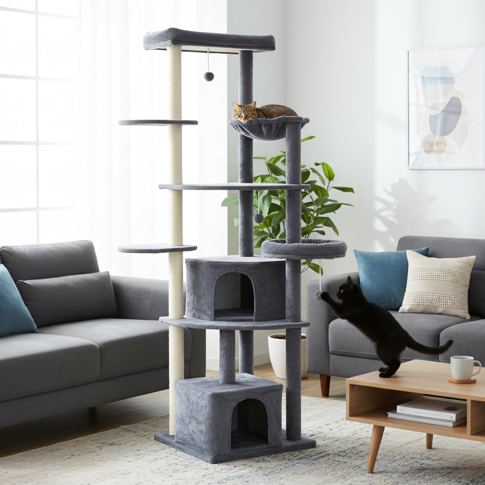 pawhut-arbre-chat-g-ant-79-avec-2-niches-2-perchoirs-et-hamac-gris-fonc image 4