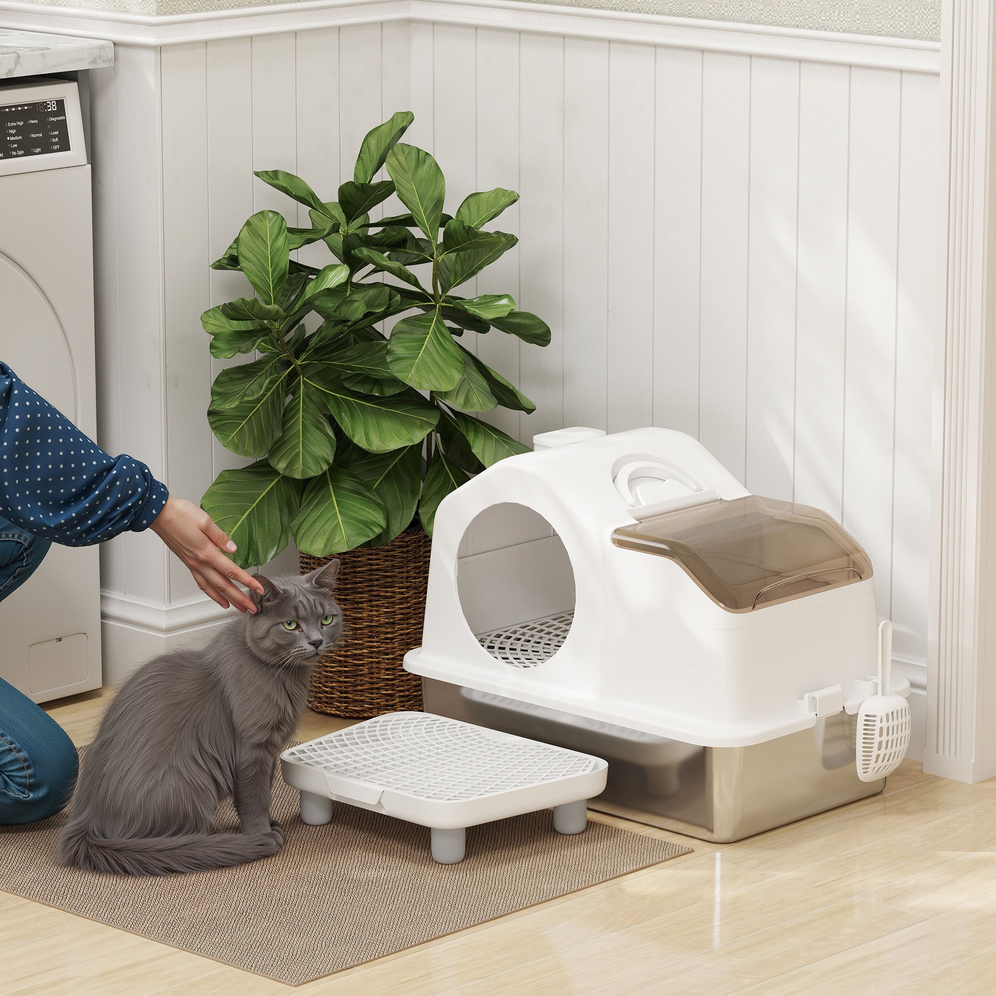 pawhut-bac-liti-re-inox-avec-couvercle-amovible-tapis-et-pelle-blanc image 3