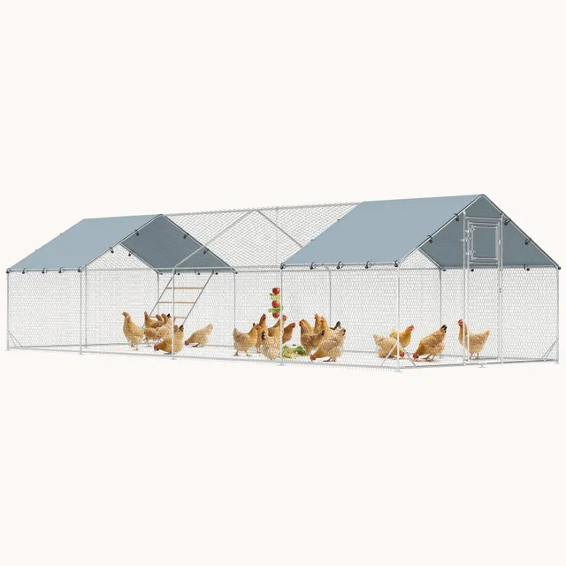 pawhut-parc-grillag-walk-in-pour-poules-avec-b-che-mangeoire-et-perchoirs-argent image 1