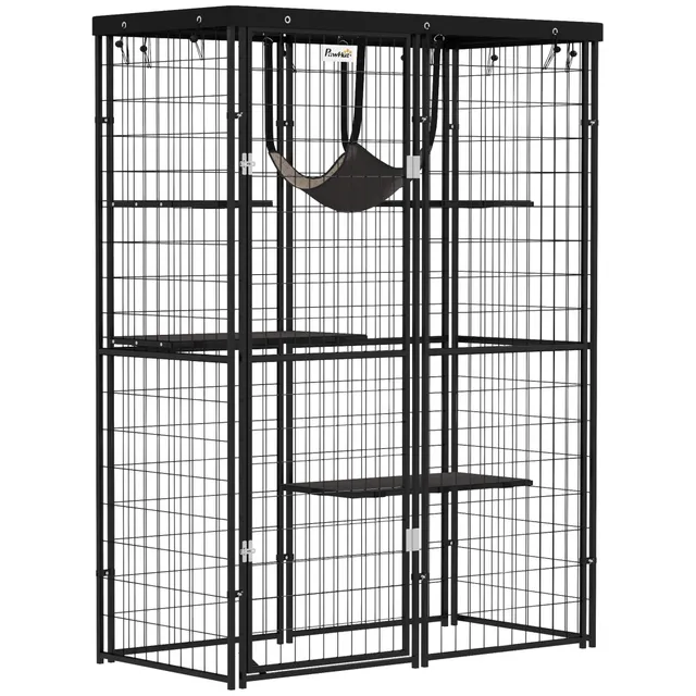 pawhut-catio-ext-rieur-m-tal-noir-avec-4-plateformes-hamac-et-b-che image 1