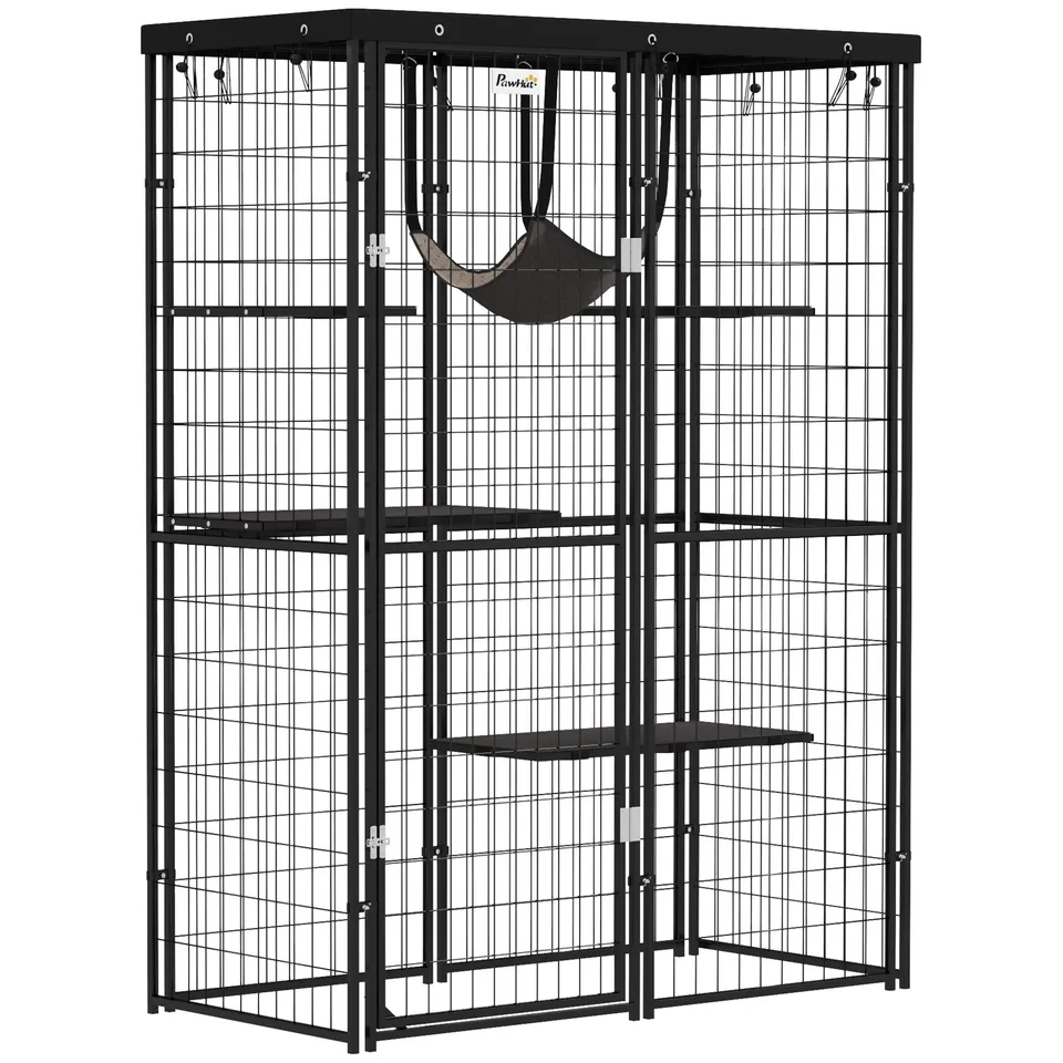 pawhut-catio-ext-rieur-m-tal-noir-avec-4-plateformes-hamac-et-b-che image 1