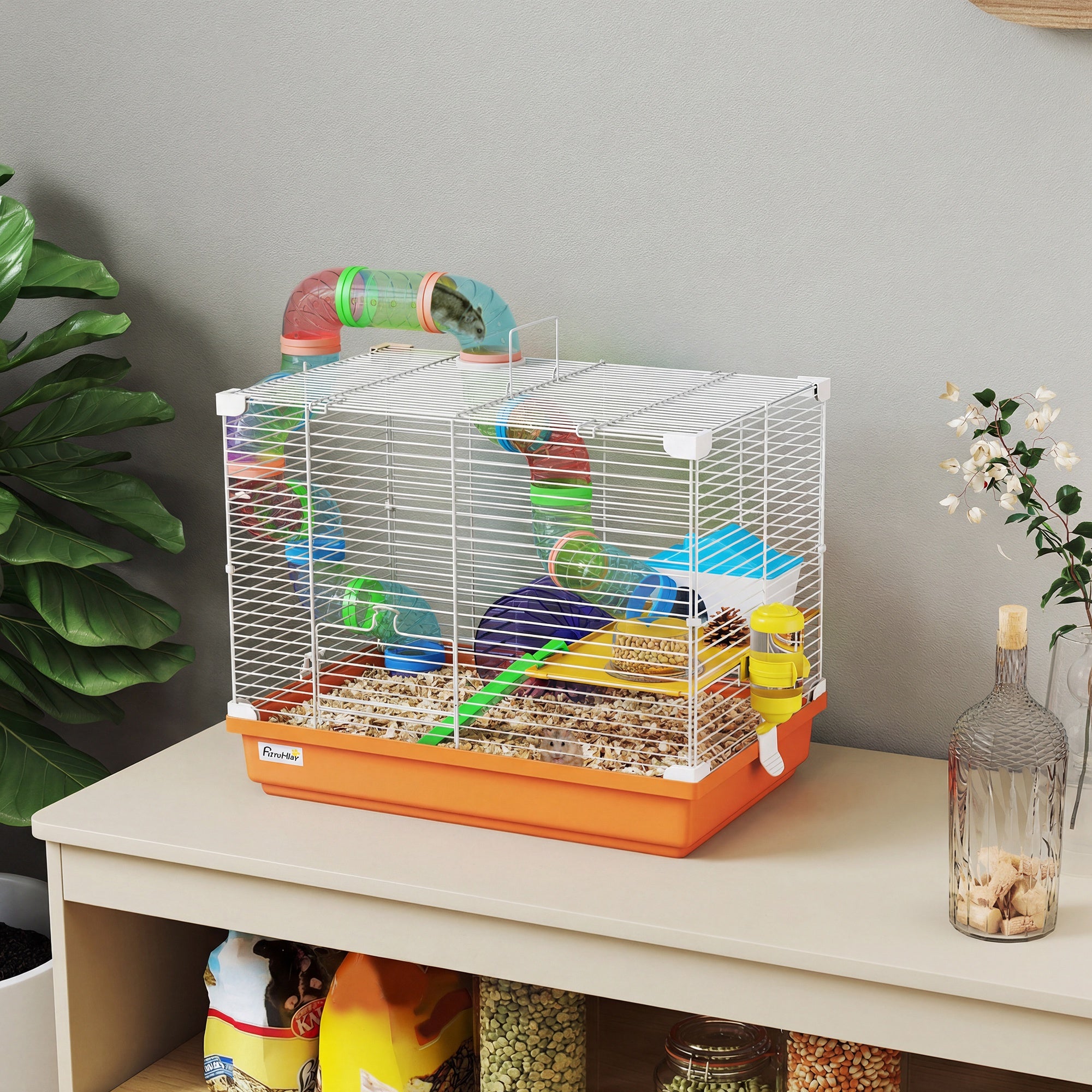 pawhut-cage-hamster-18-2-niveaux-avec-tubes-et-accessoires-orange image 3