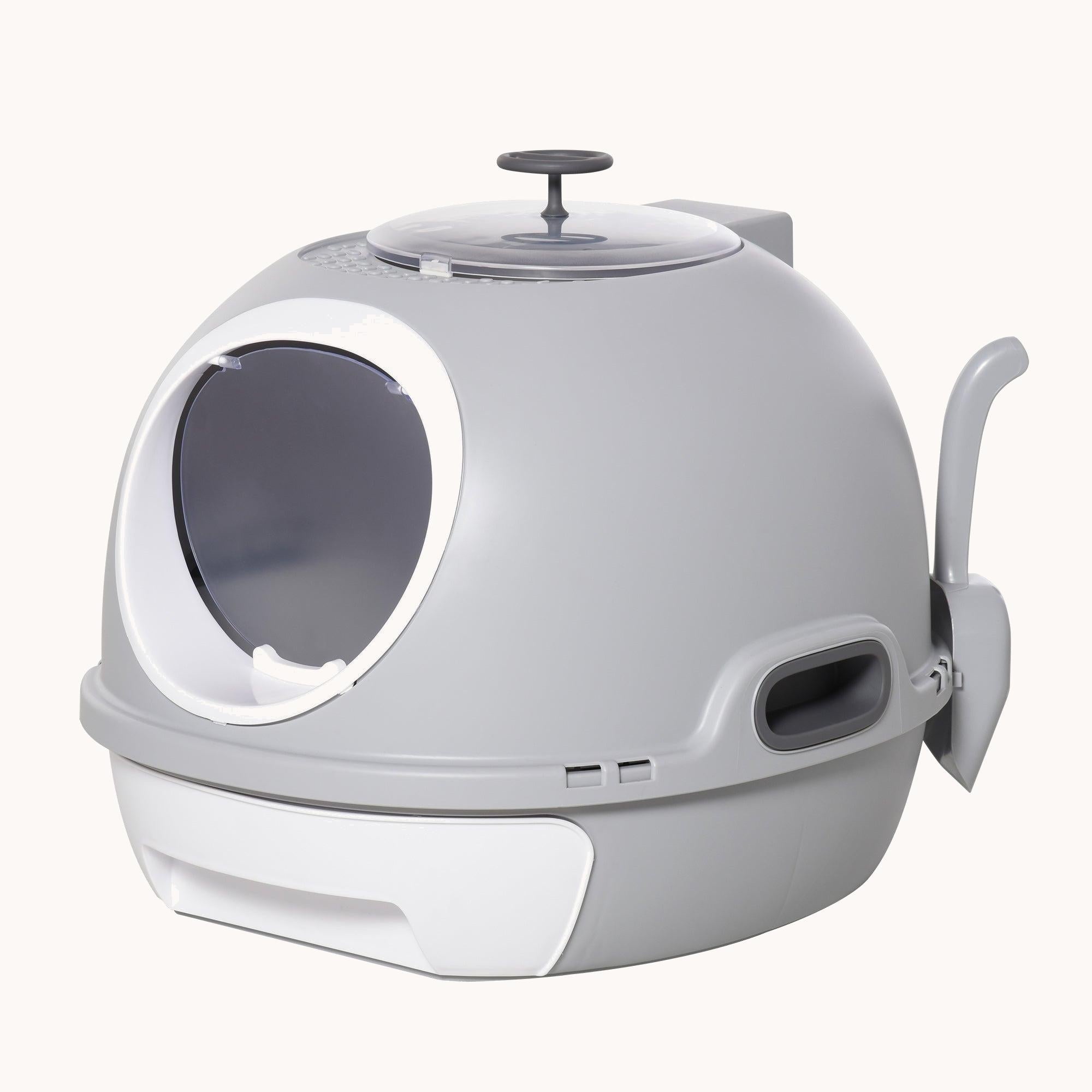 pawhut-maison-de-toilette-couverte-pour-chat-avec-lucarne-et-tiroir-pelle-gris image 1