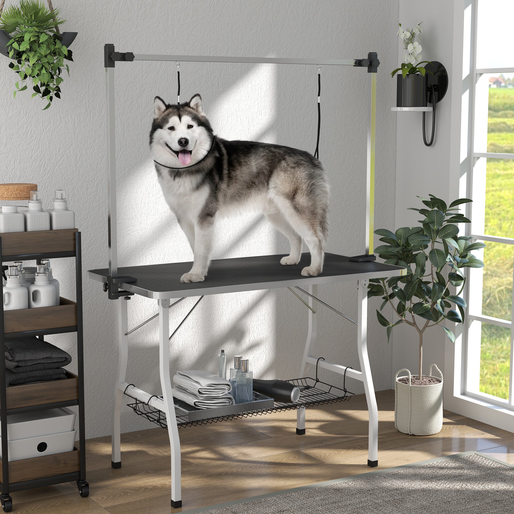 pawhut-table-de-toilettage-chien-pliable-107-cm-bras-r-glable-noire image 4
