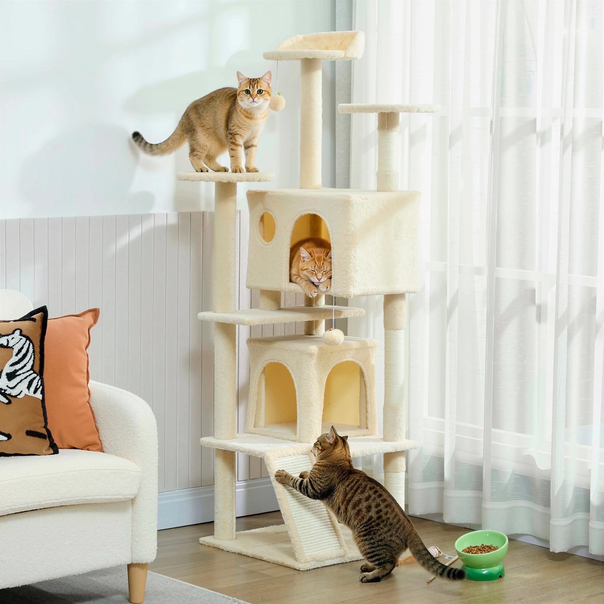 pawhut-arbre-chat-160-cm-blanc-cr-me-avec-condos-rampe-et-griffoirs image 3